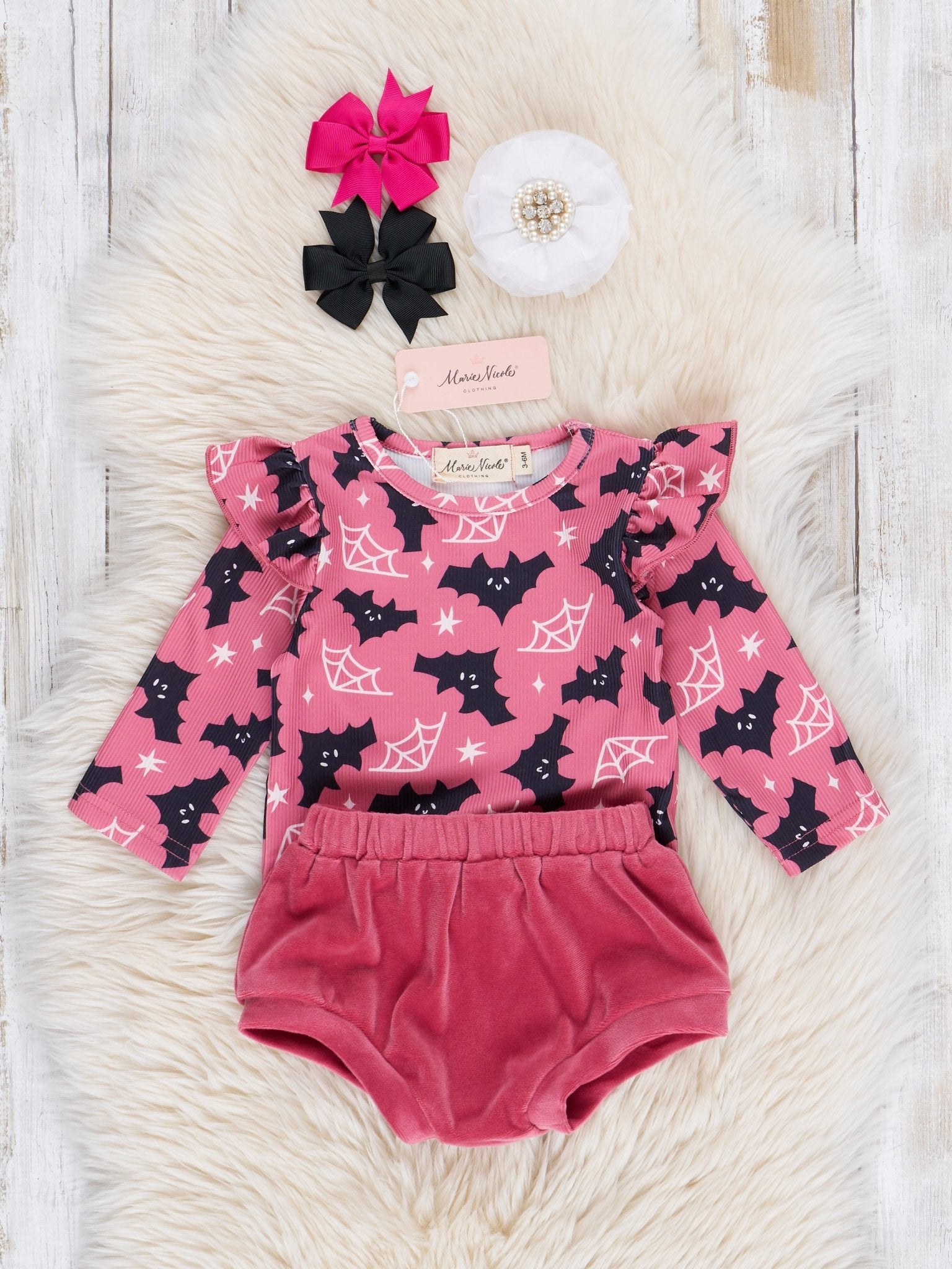 Pink Bats Velvet Bloomers Outfit - Marie Nicole Clothing