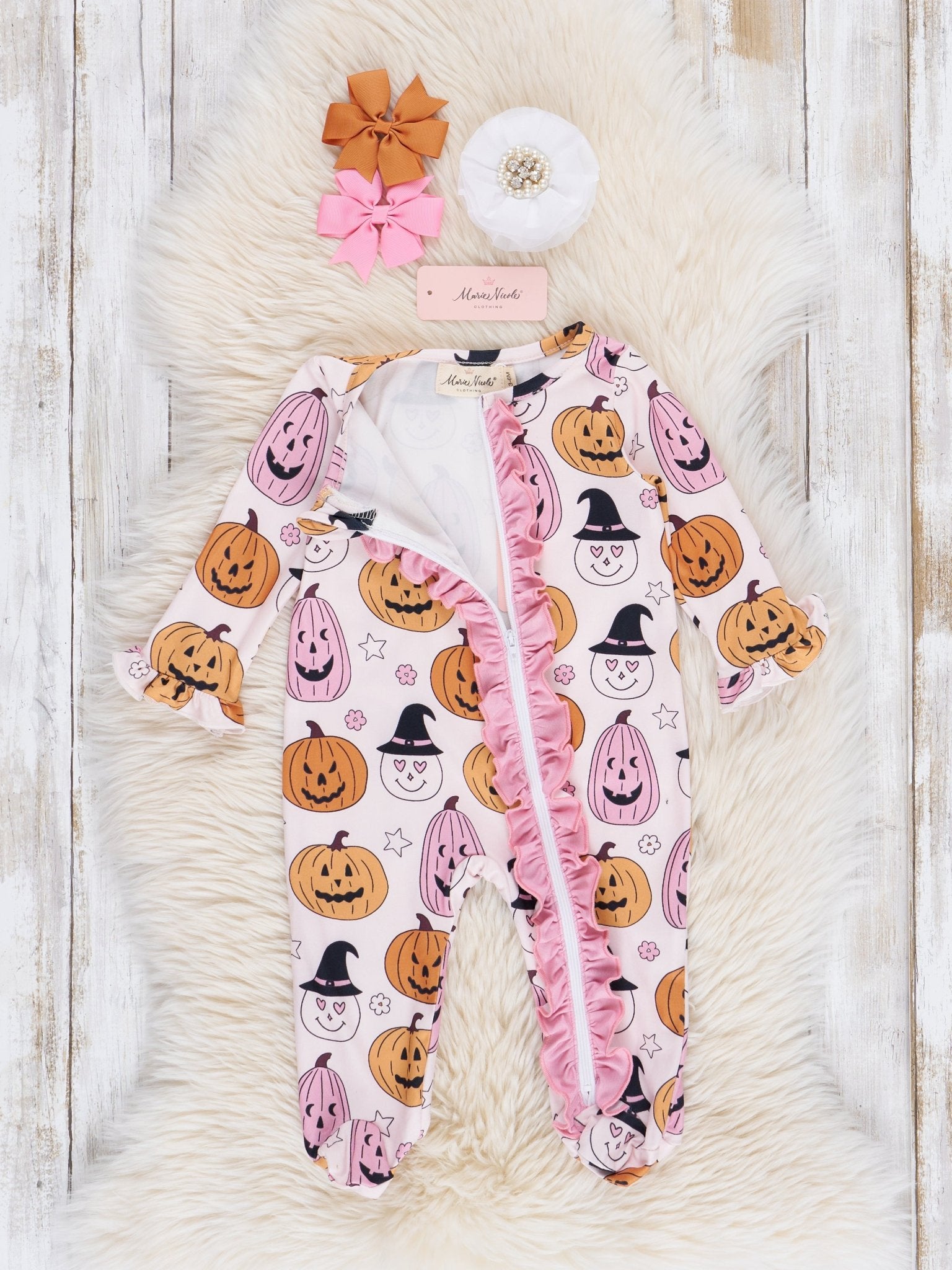Cheerful Jack - o - Lanterns Footed Sleeper Pajamas - Marie Nicole Clothing