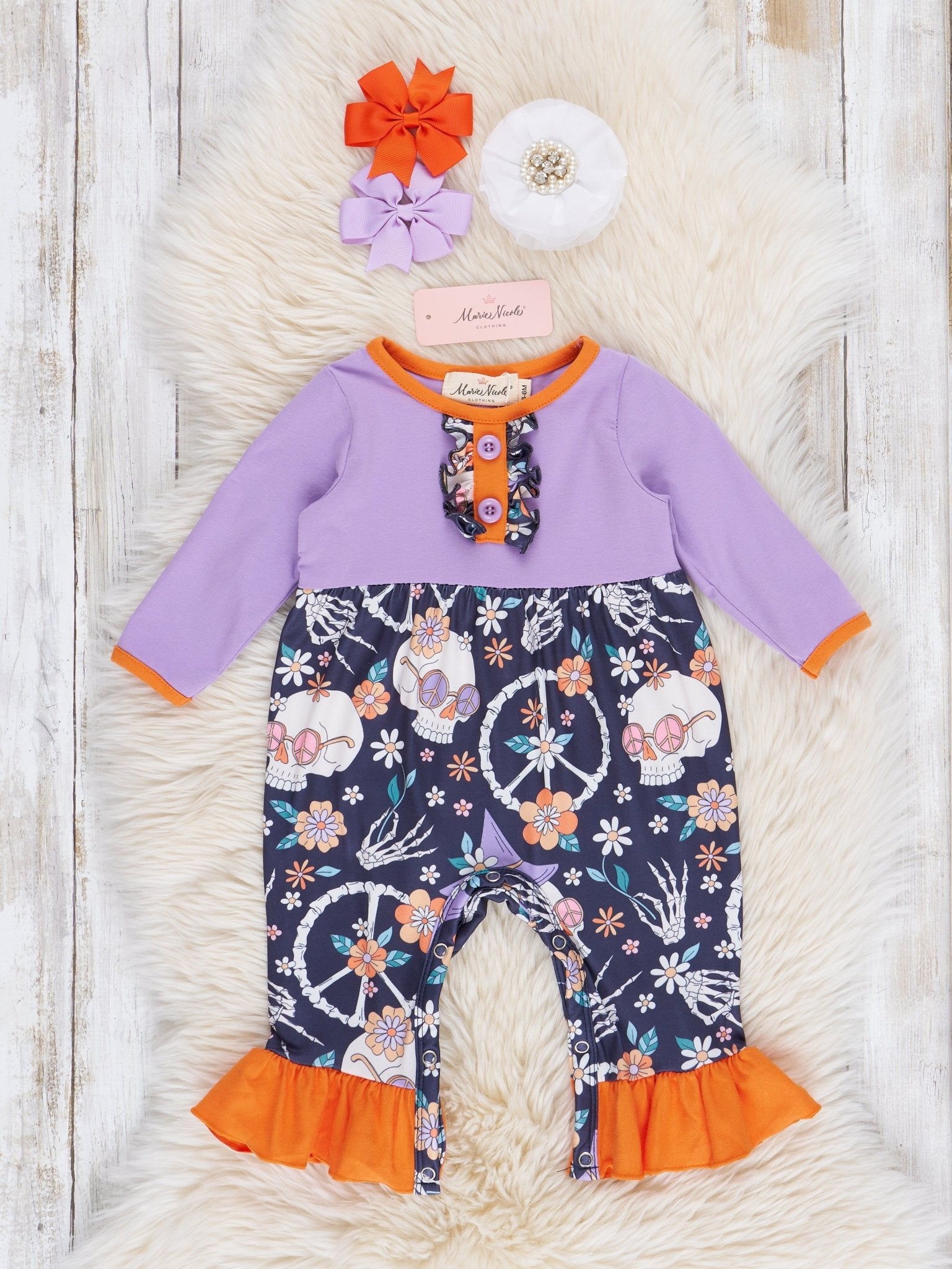 Lilac & Navy Groovy Halloween Floral Romper - Marie Nicole Clothing