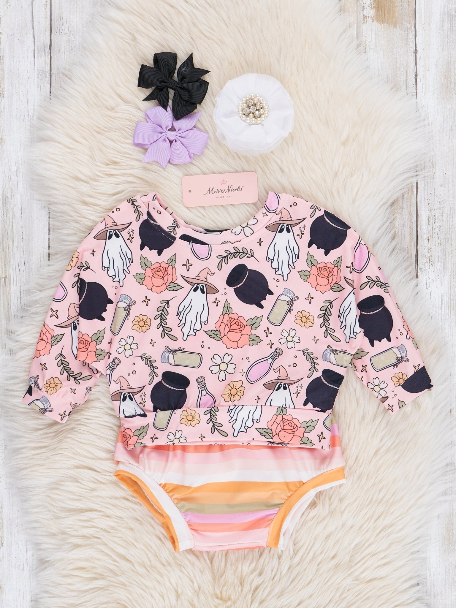 Ghoulish Halloween Stripes Floral Bloomers Outfit - Marie Nicole Clothing
