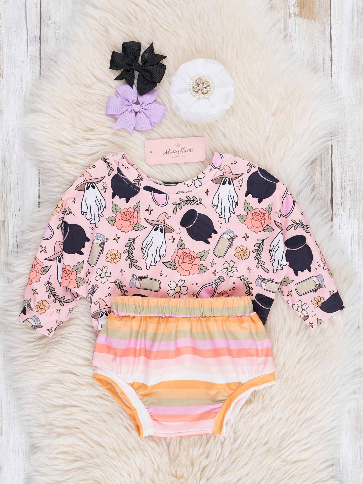 Ghoulish Halloween Stripes Floral Bloomers Outfit - Marie Nicole Clothing
