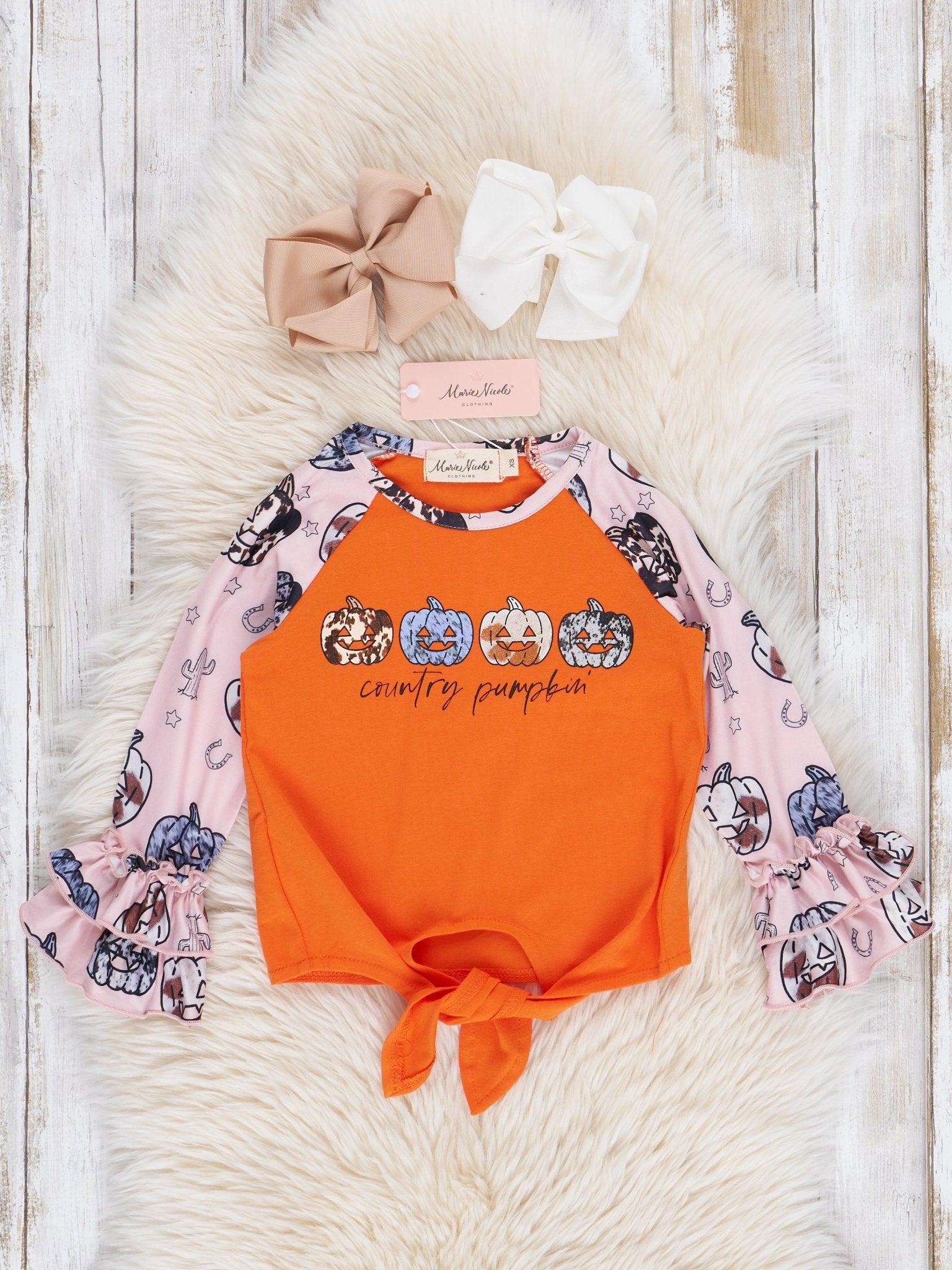 "Country Pumpkin" Ruffle Sleeve Tie Top - Marie Nicole Clothing