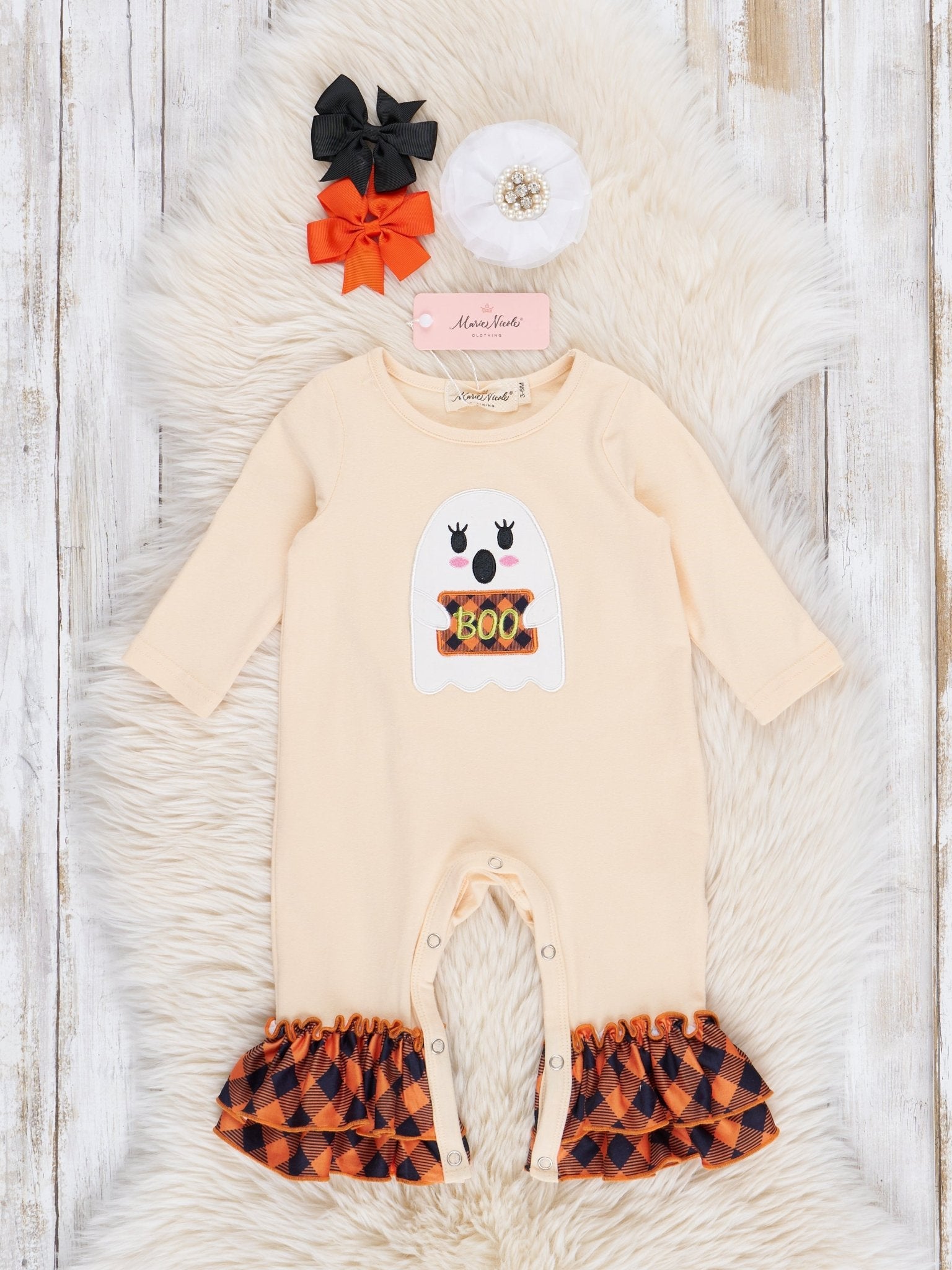 Orange Cream & Black Plaid Ghost Ruffle Romper - Marie Nicole Clothing