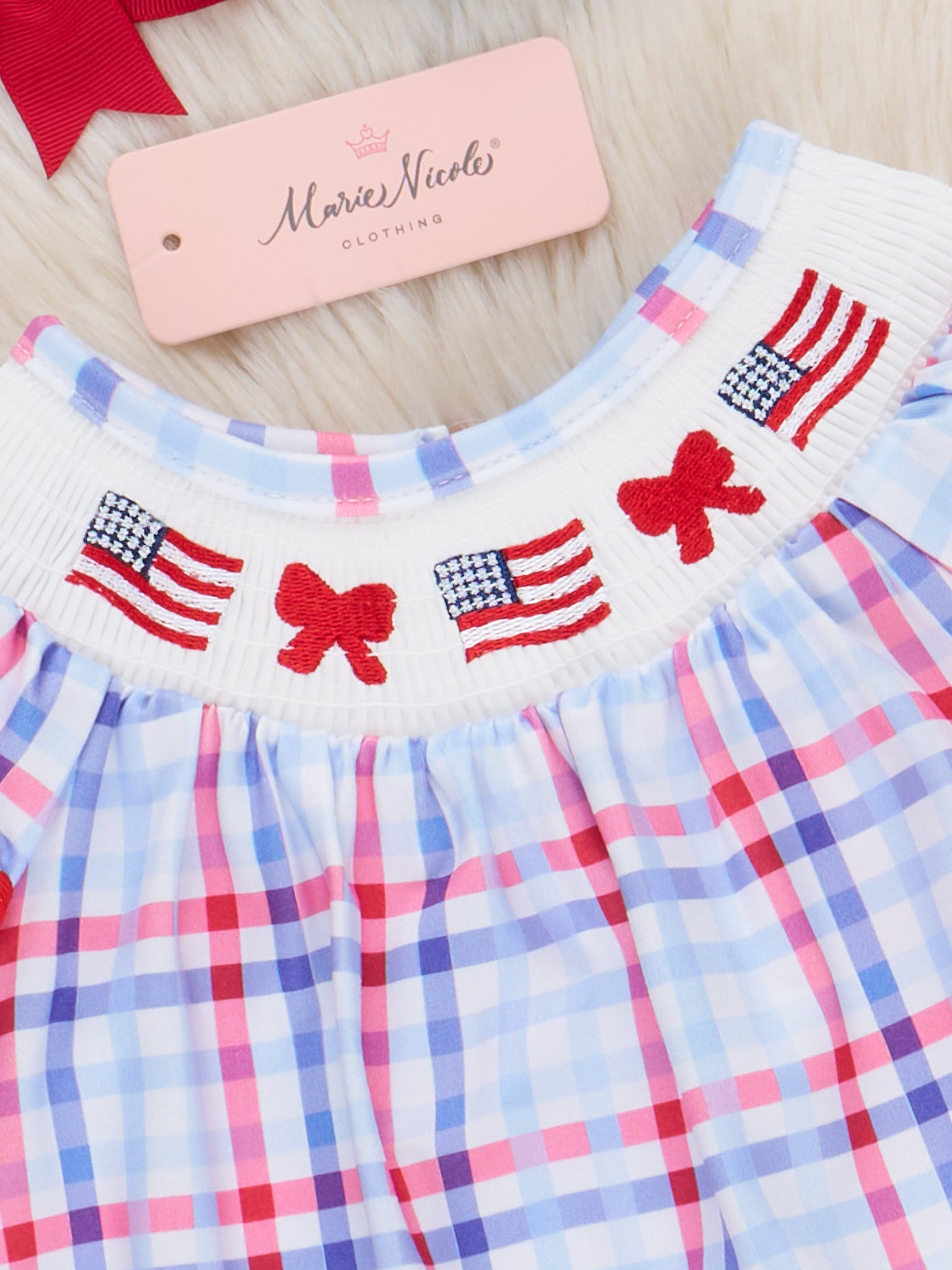 Flag Parade Plaid Flutter Smocked Bubble Romper - Marie Nicole Clothing