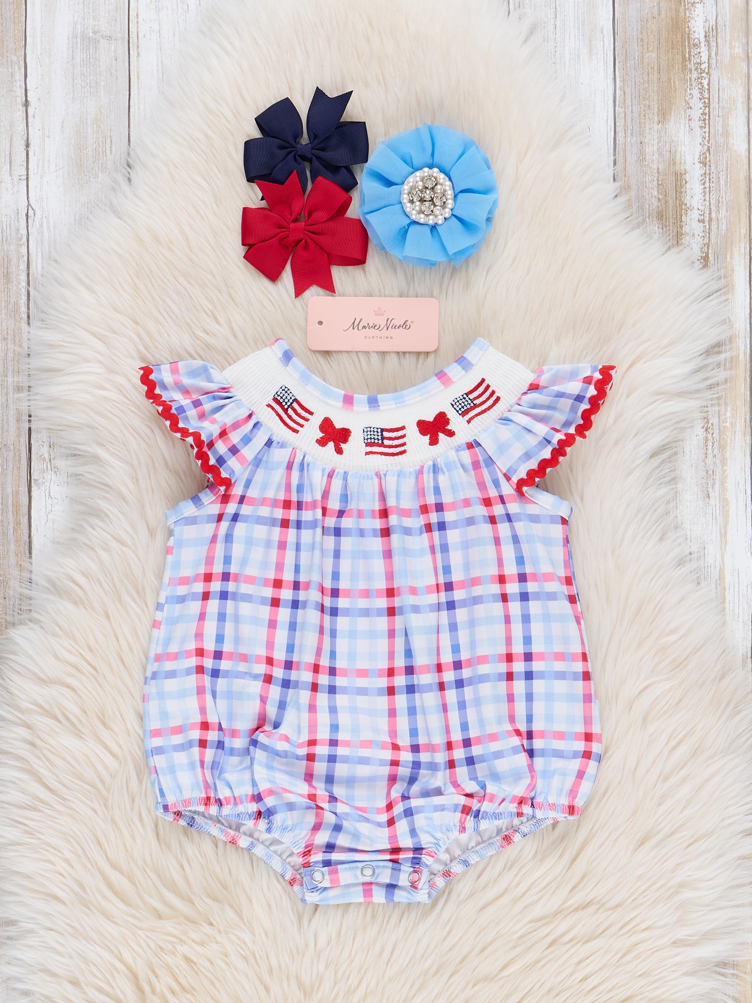Flag Parade Plaid Flutter Smocked Bubble Romper - Marie Nicole Clothing