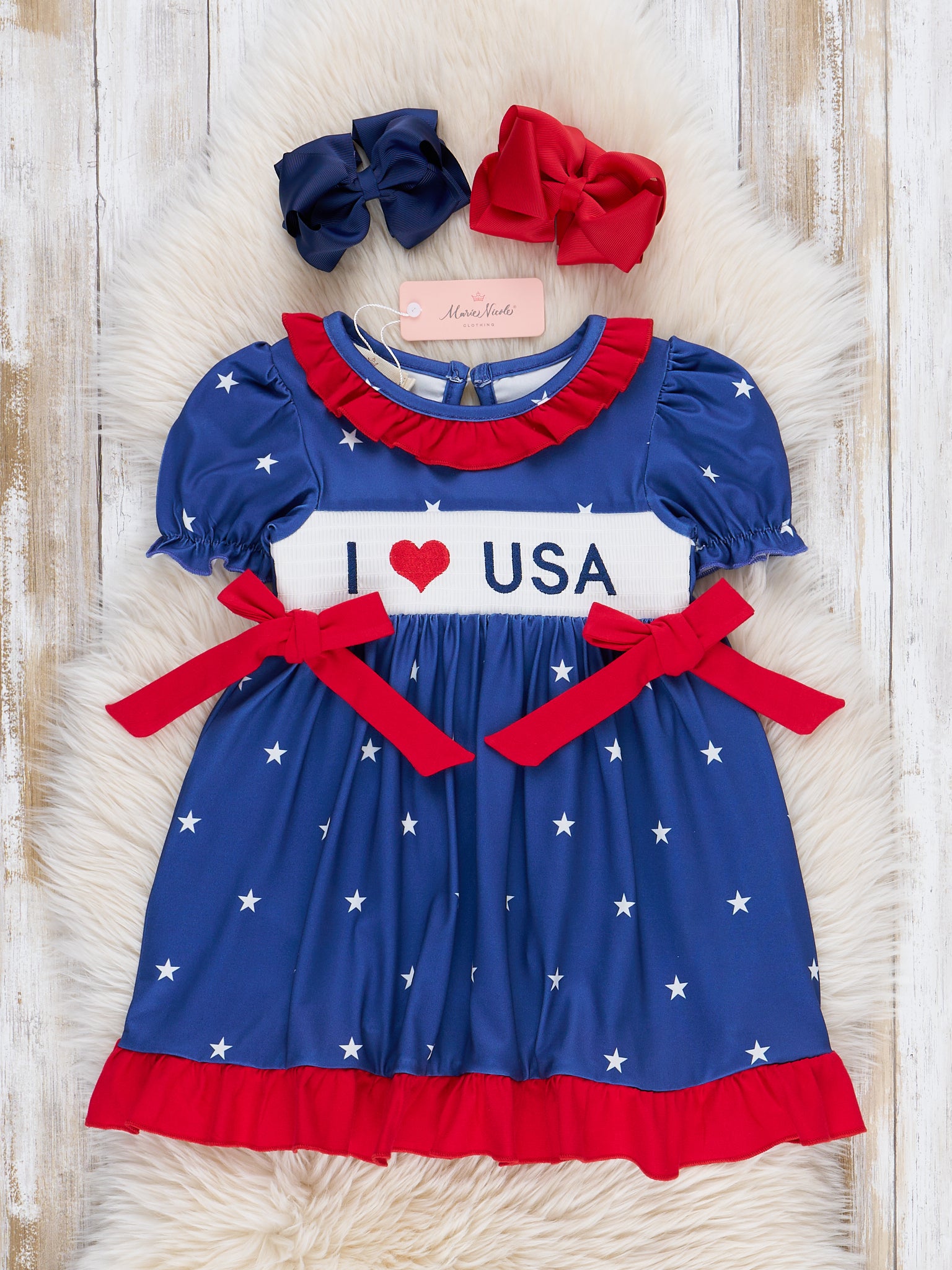 USA Love Smocked Bow Dress - Marie Nicole Clothing