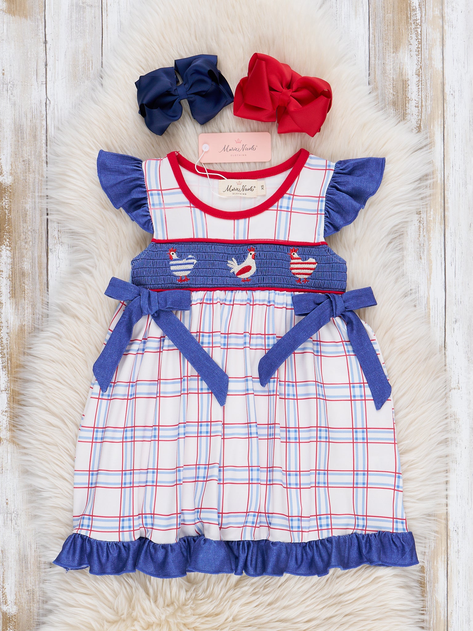 Patriotic Chickens Smocked Ruffle Dress - Marie Nicole Clothing