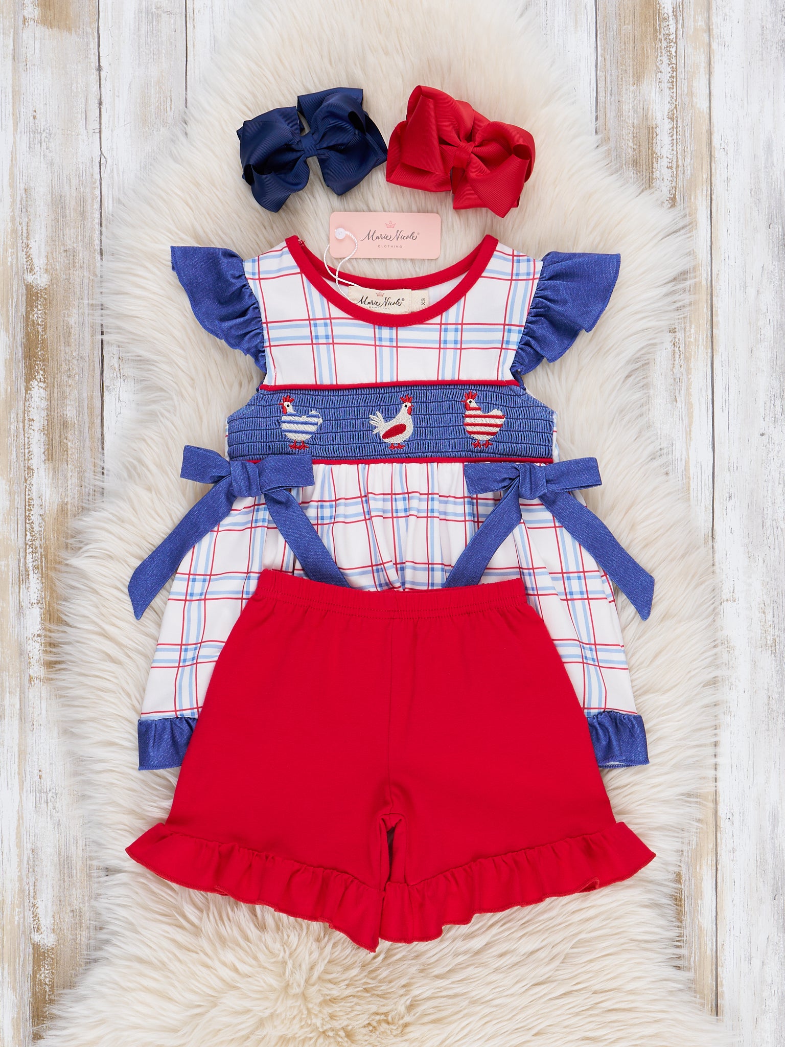 Patriotic Chickens Smocked Ruffle Outfit - Marie Nicole Clothing