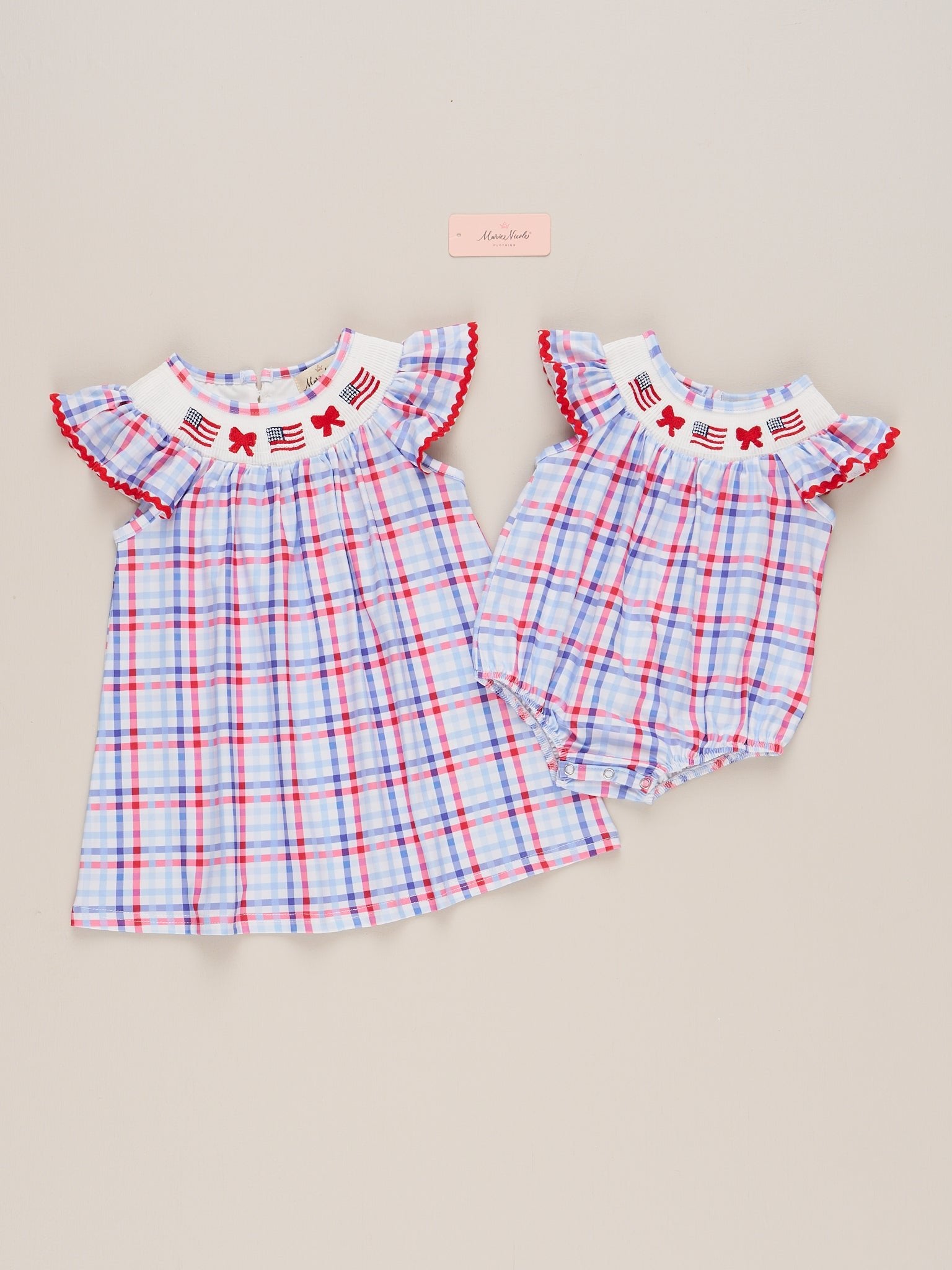 Flag Parade Plaid Flutter Smocked Bubble Romper - Marie Nicole Clothing
