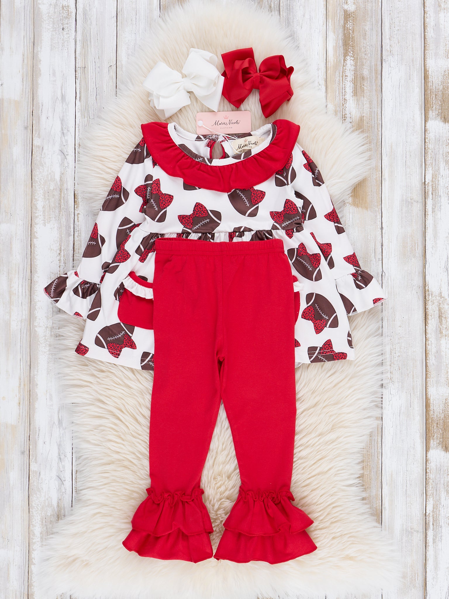 Red Football Bows Ruffle Outfit - Marie Nicole Clothing
