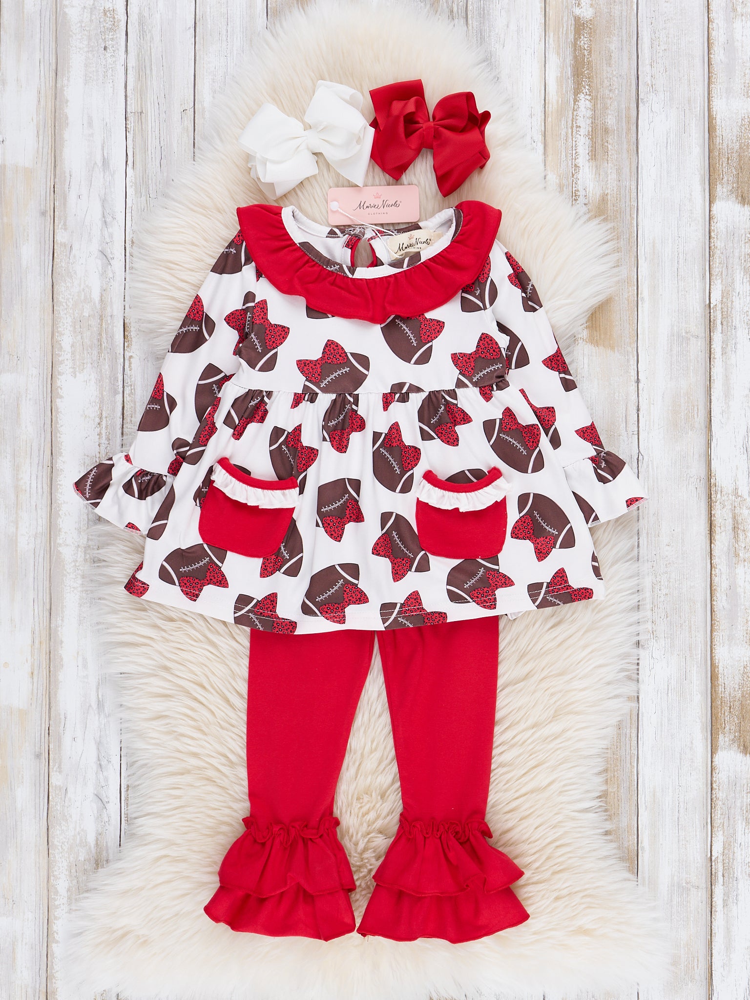 Red Football Bows Ruffle Outfit - Marie Nicole Clothing