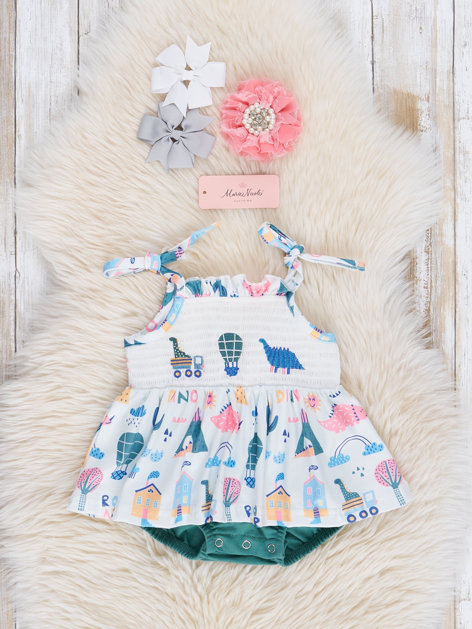 Hunter Green Smocked Dinosaur Friends Bubble Romper - Marie Nicole Clothing