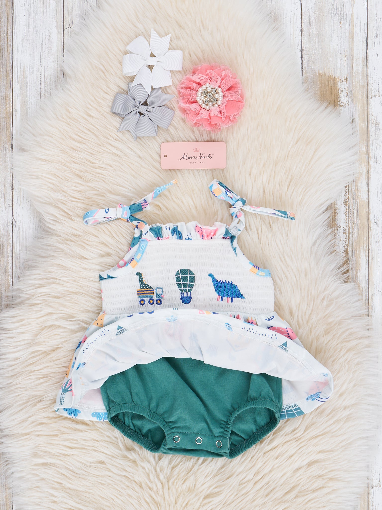 Hunter Green Smocked Dinosaur Friends Bubble Romper - Marie Nicole Clothing