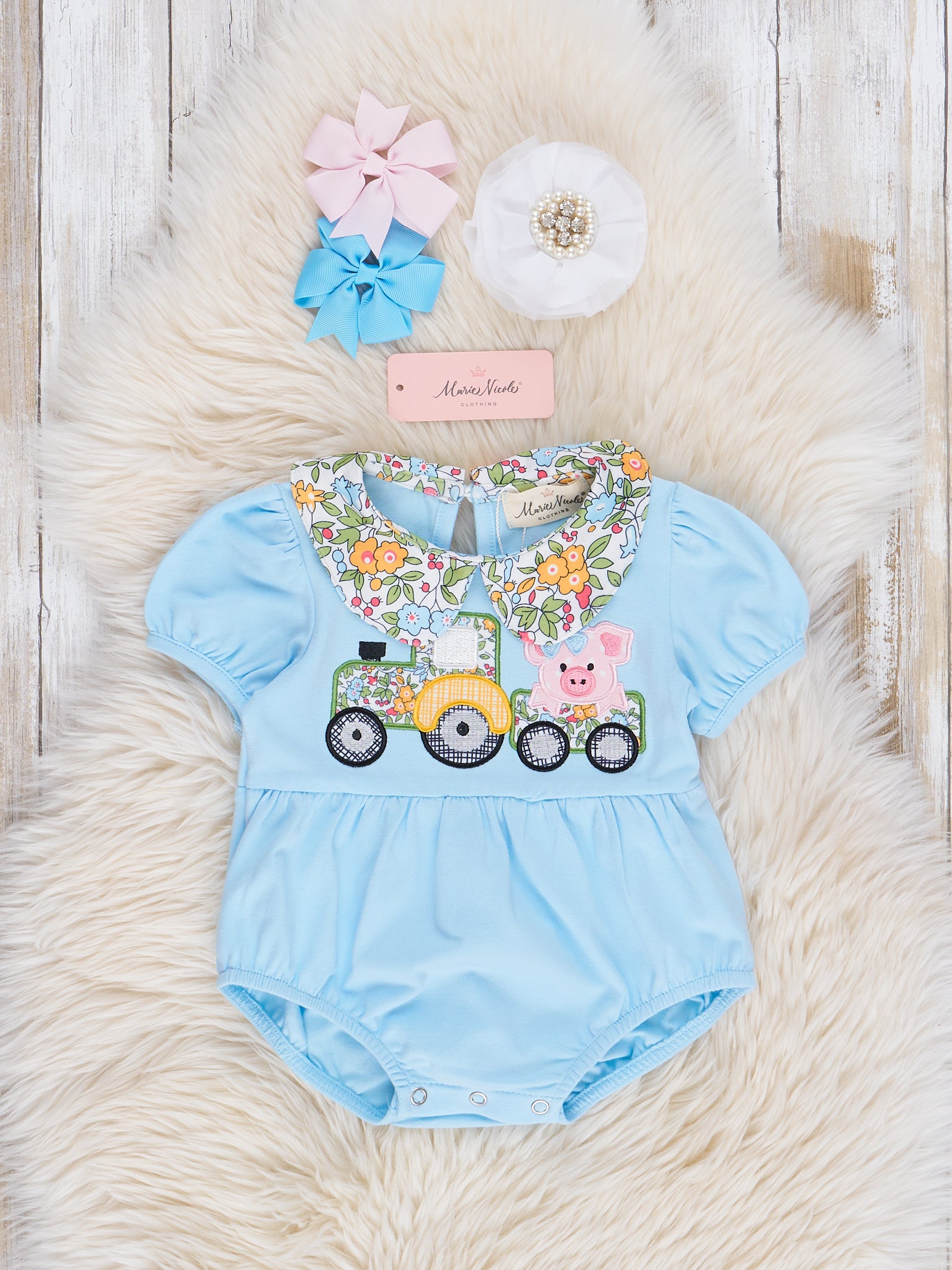 Light Blue Embroidered Piggy Tractor Bubble Romper - Marie Nicole Clothing