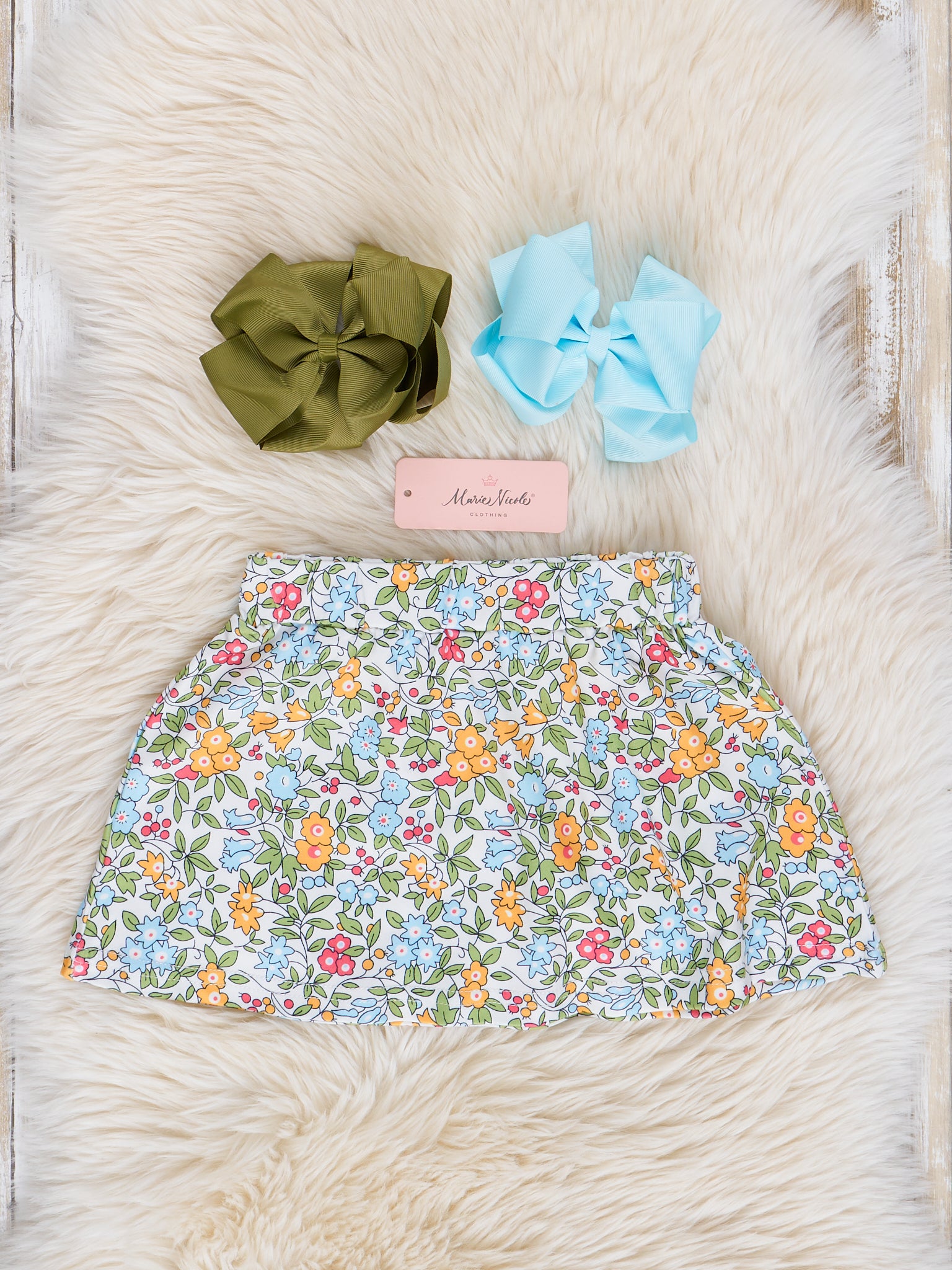 Light Blue Floral Embroidered Piggy Tractor Outfit w/ Skirt - Marie Nicole Clothing