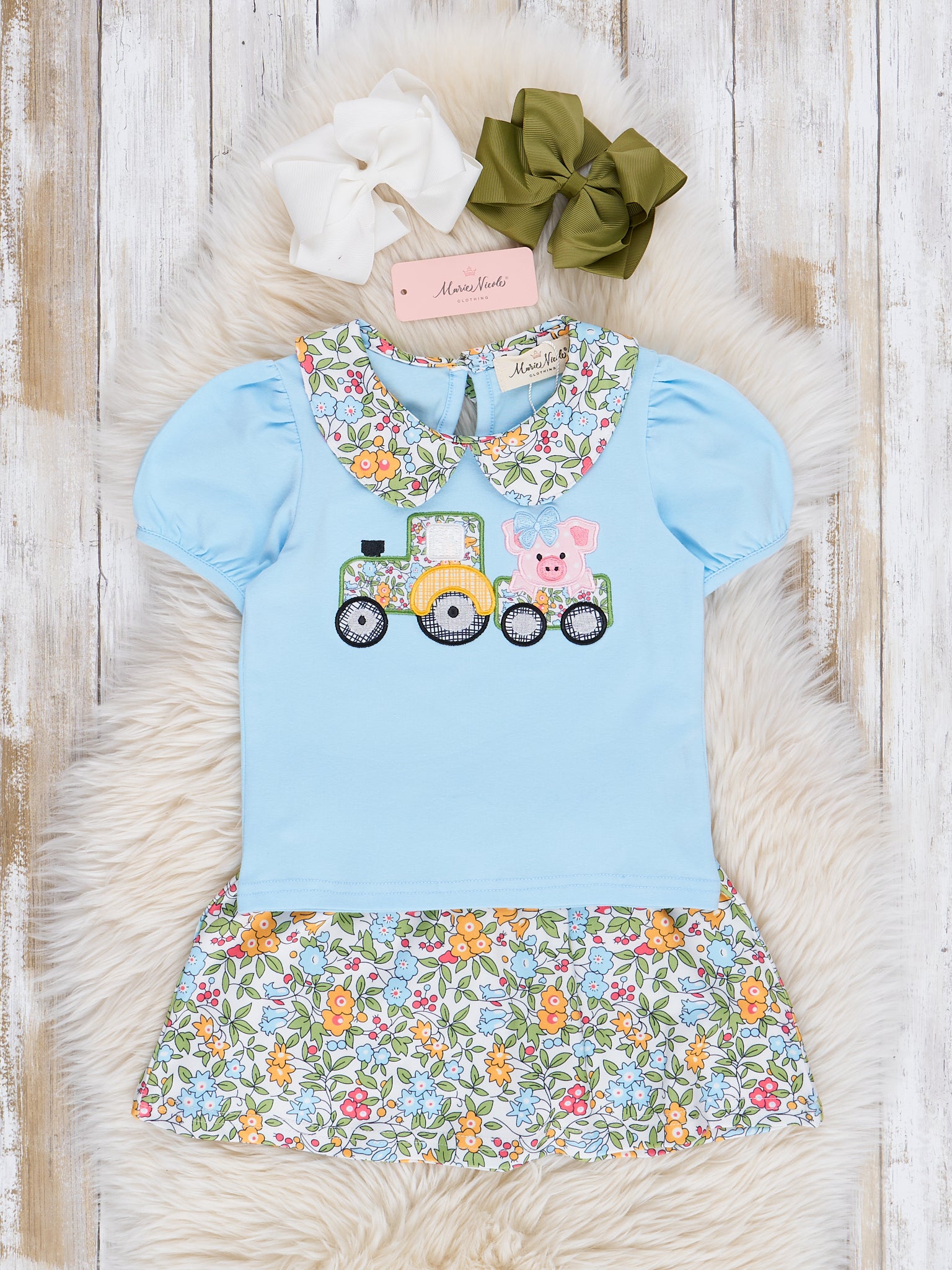 Light Blue Floral Embroidered Piggy Tractor Outfit w/ Skirt - Marie Nicole Clothing