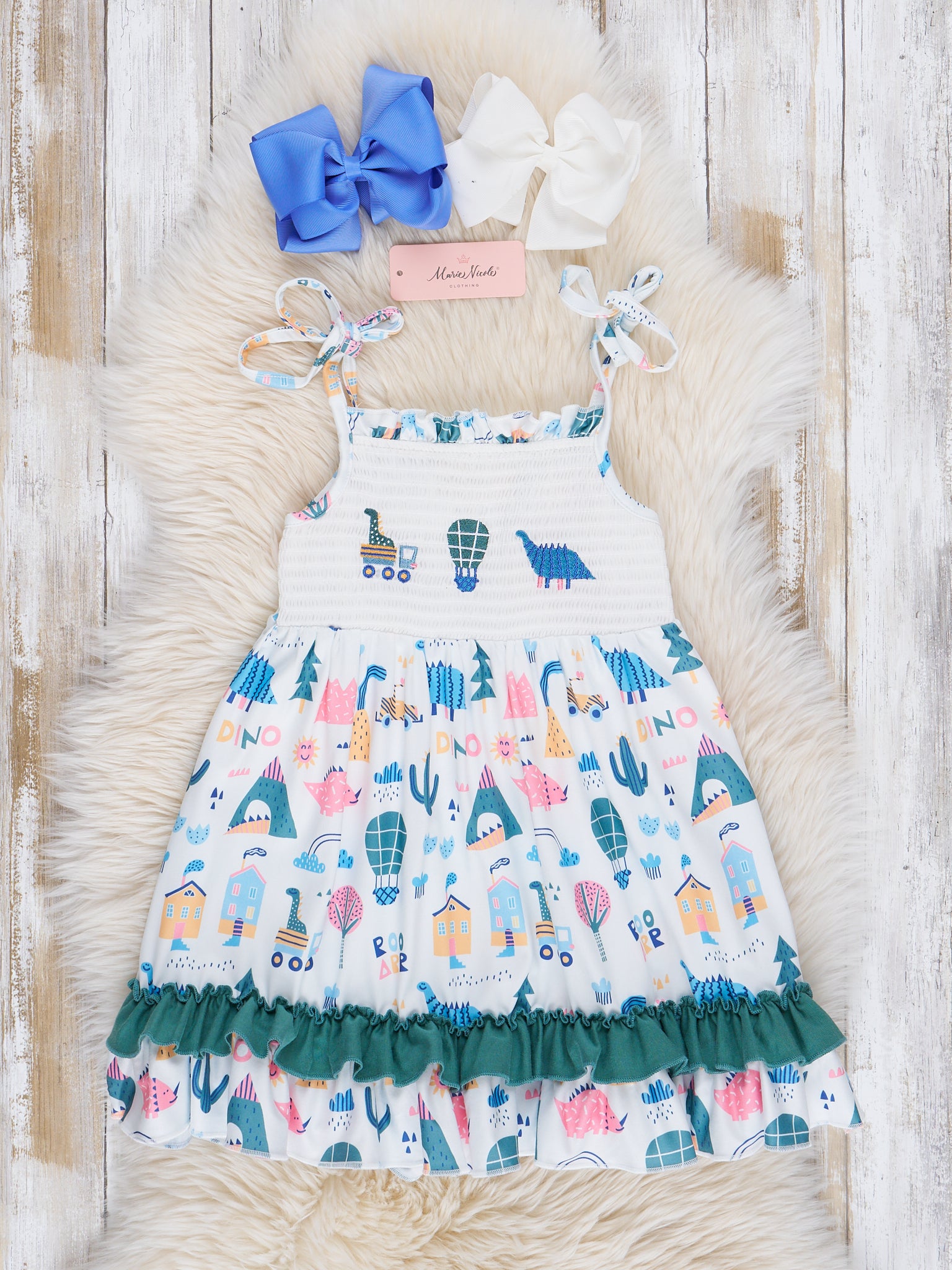 Hunter Green Smocked Dinosaur Friends Dress - Marie Nicole Clothing