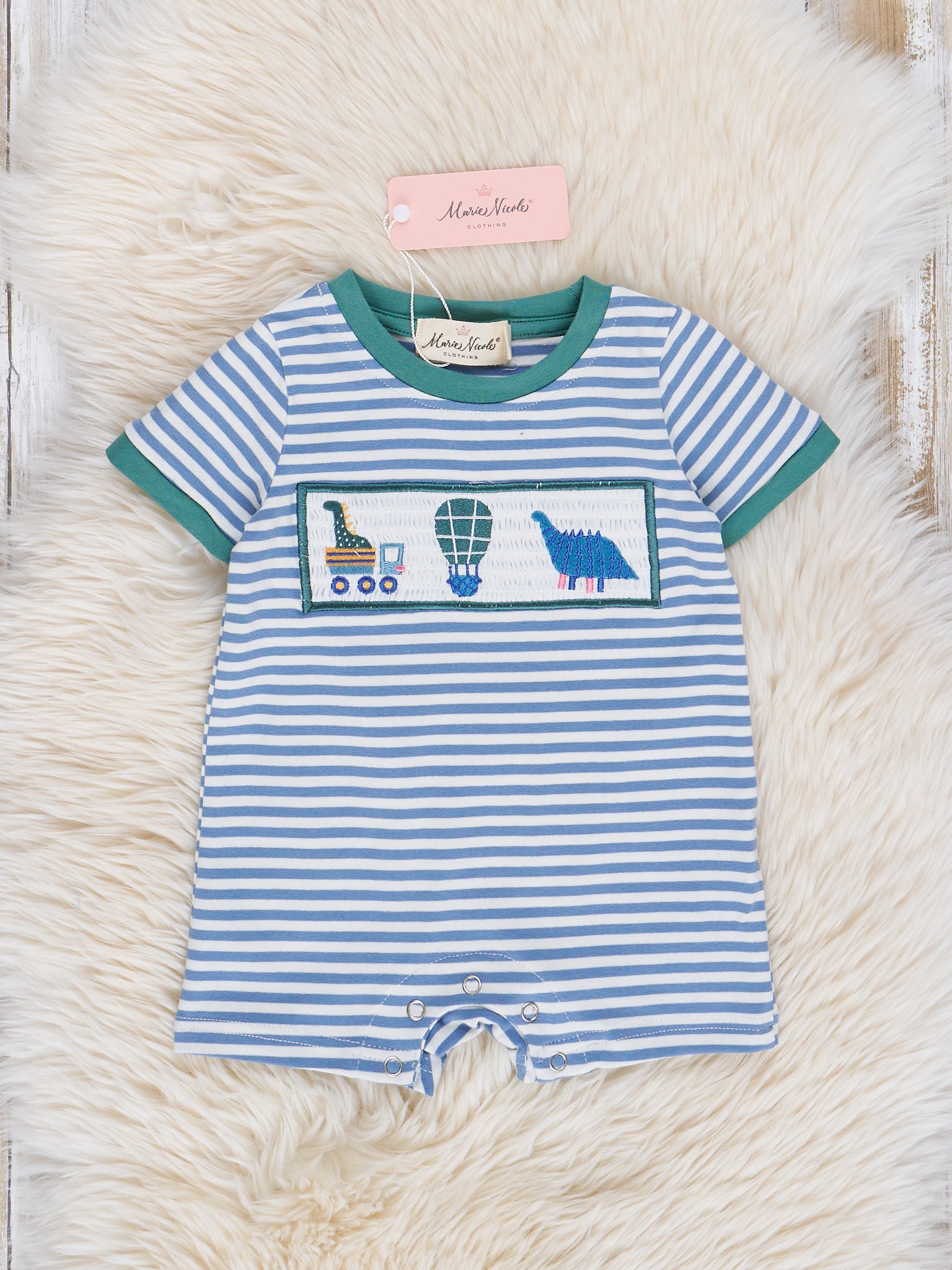 Hunter Green Stripes Smocked Dinosaur Friends Romper - Marie Nicole Clothing