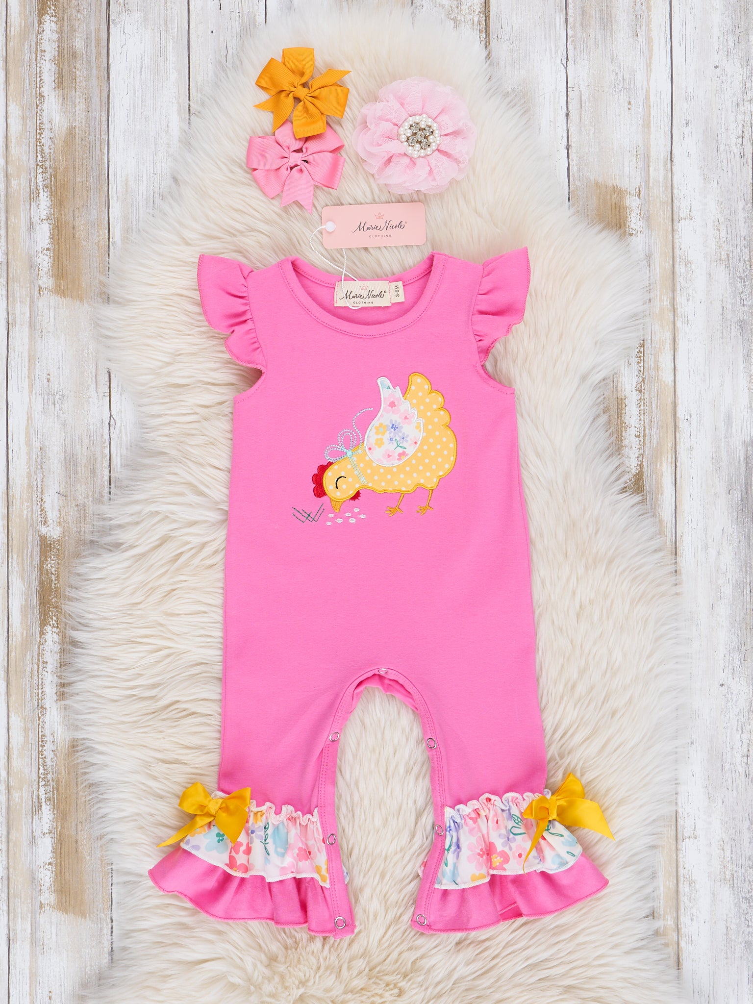 Pink & Yellow Embroidered Pecking Hen Romper - Marie Nicole Clothing