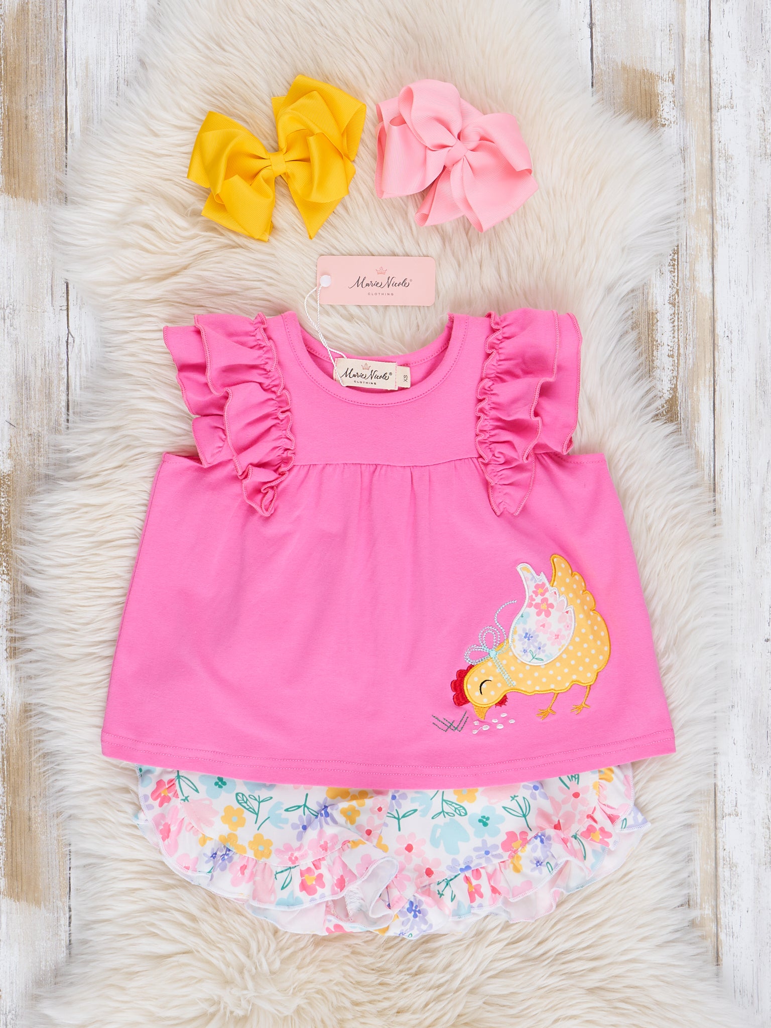 Pink & Yellow Embroidered Pecking Hen Outfit - Marie Nicole Clothing