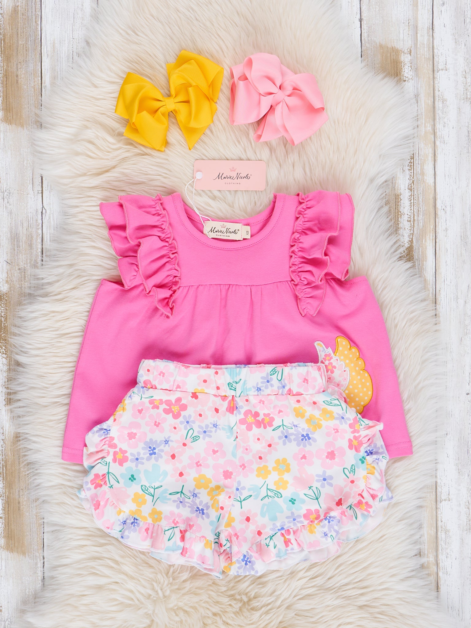 Pink & Yellow Embroidered Pecking Hen Outfit - Marie Nicole Clothing