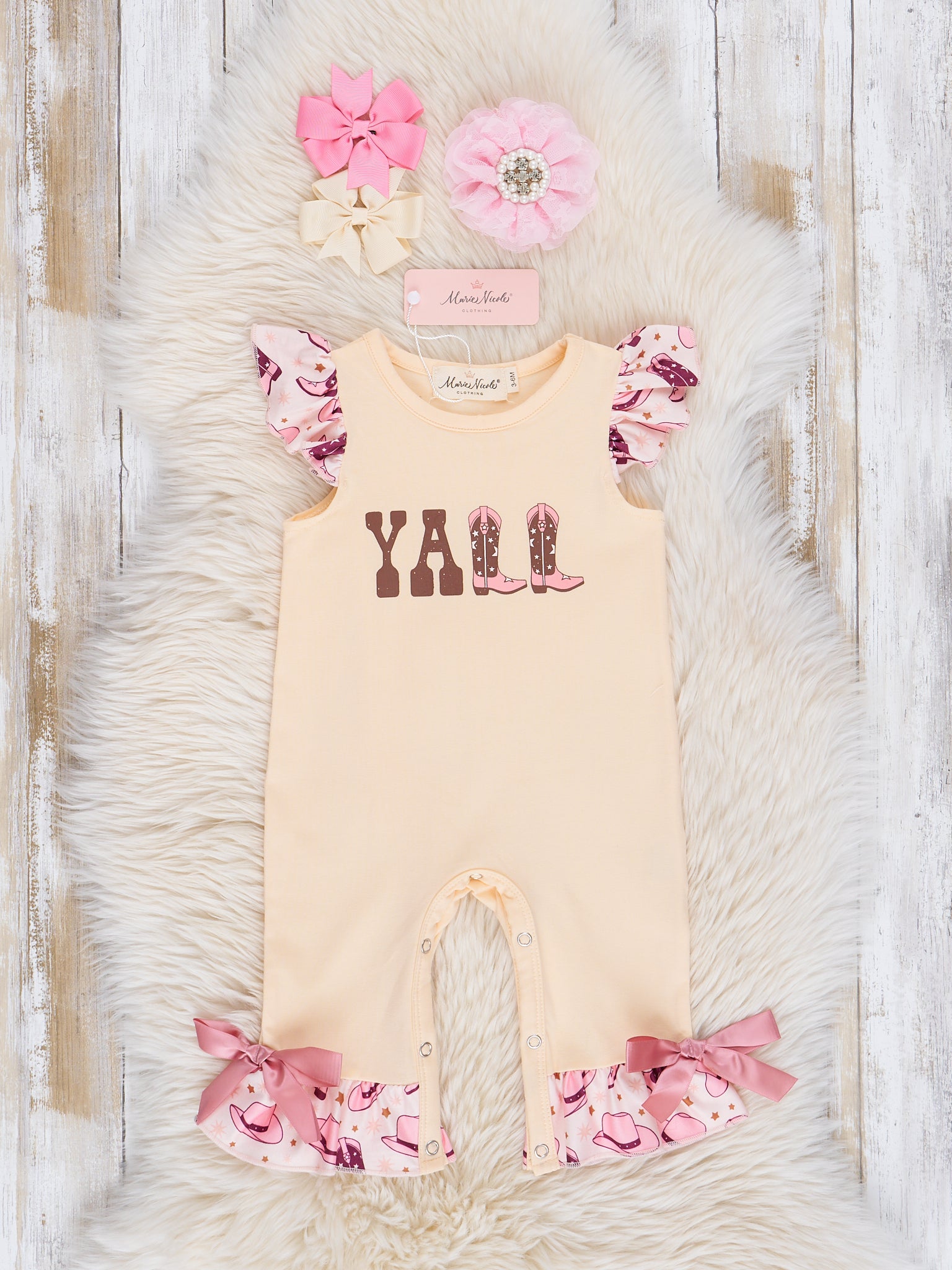"Y'all" Cowgirl Boot Ruffle Romper - Marie Nicole Clothing