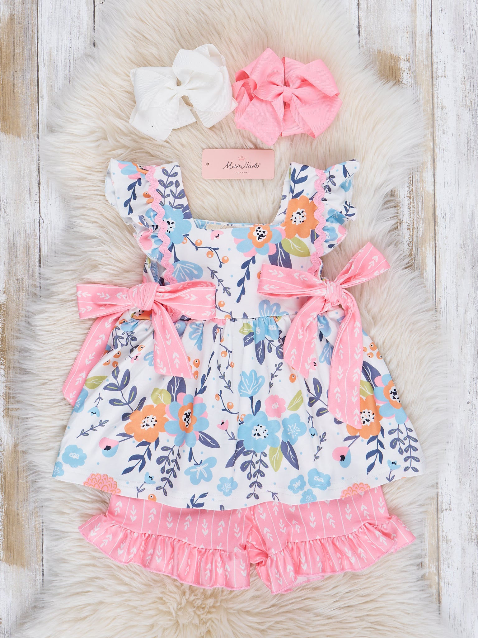 Pink & Blue Floral Bow Ruffle Outfit - Marie Nicole Clothing