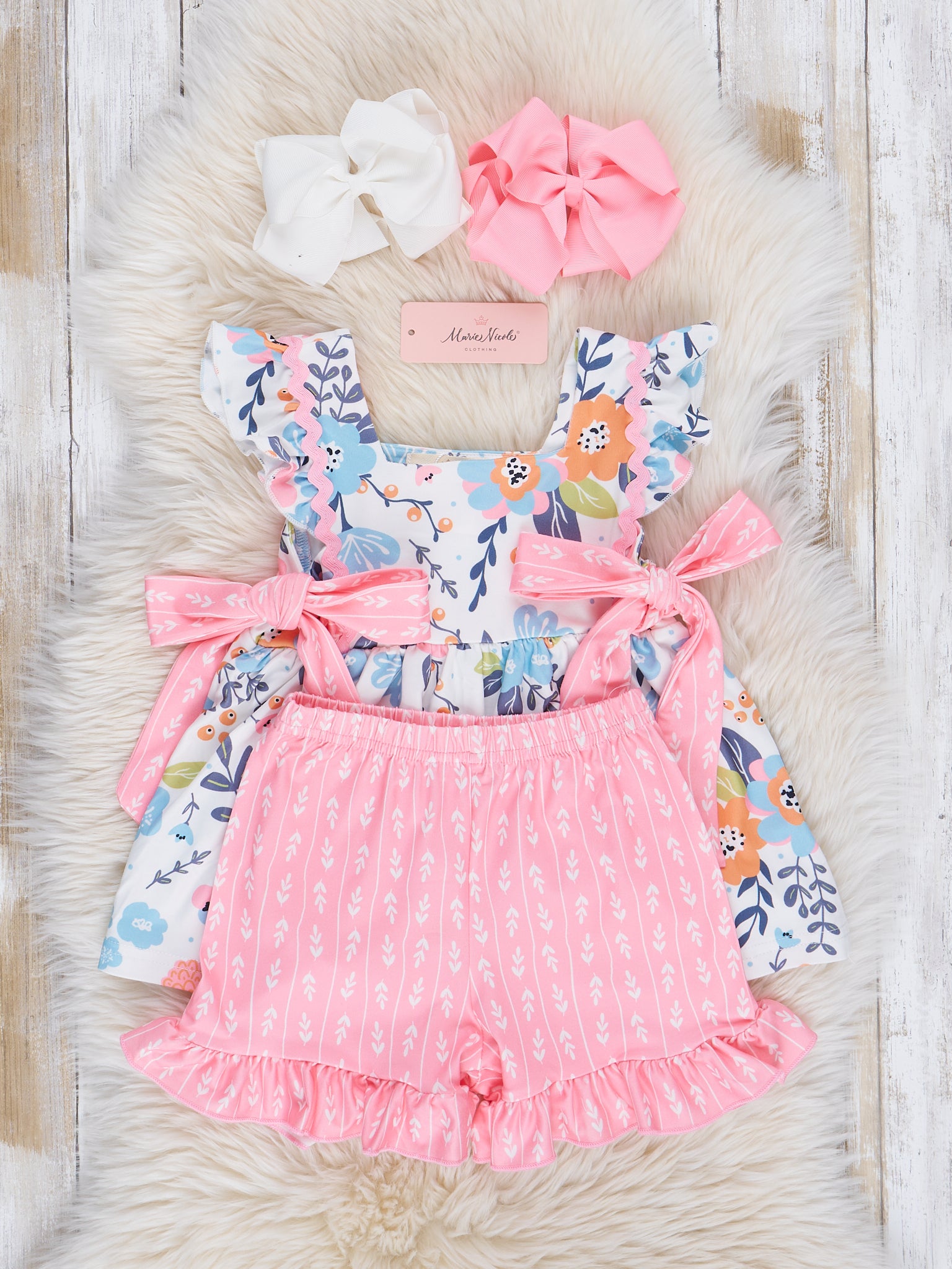 Pink & Blue Floral Bow Ruffle Outfit - Marie Nicole Clothing