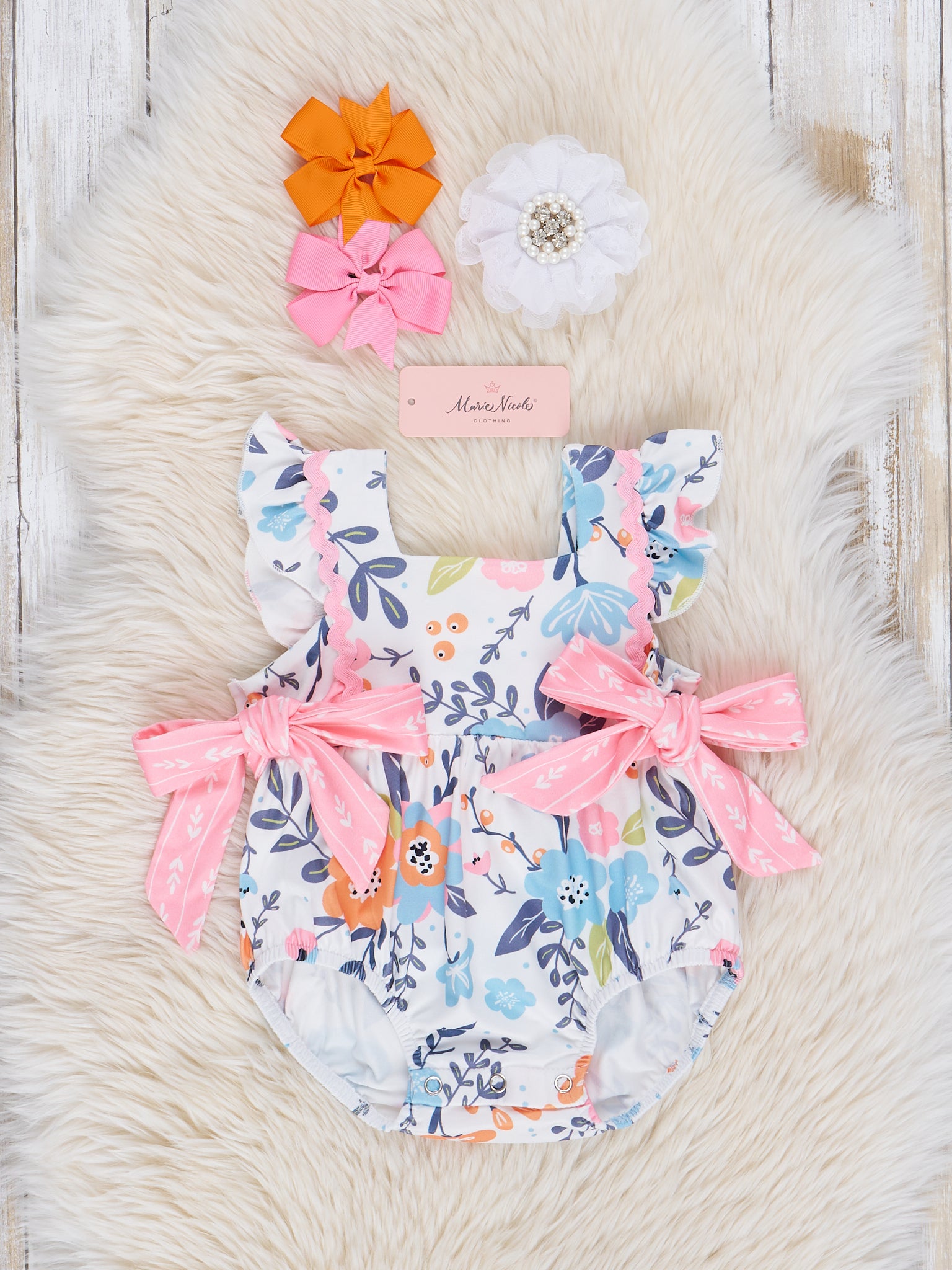 Pink & Blue Floral Bow Ruffle Bubble Romper - Marie Nicole Clothing