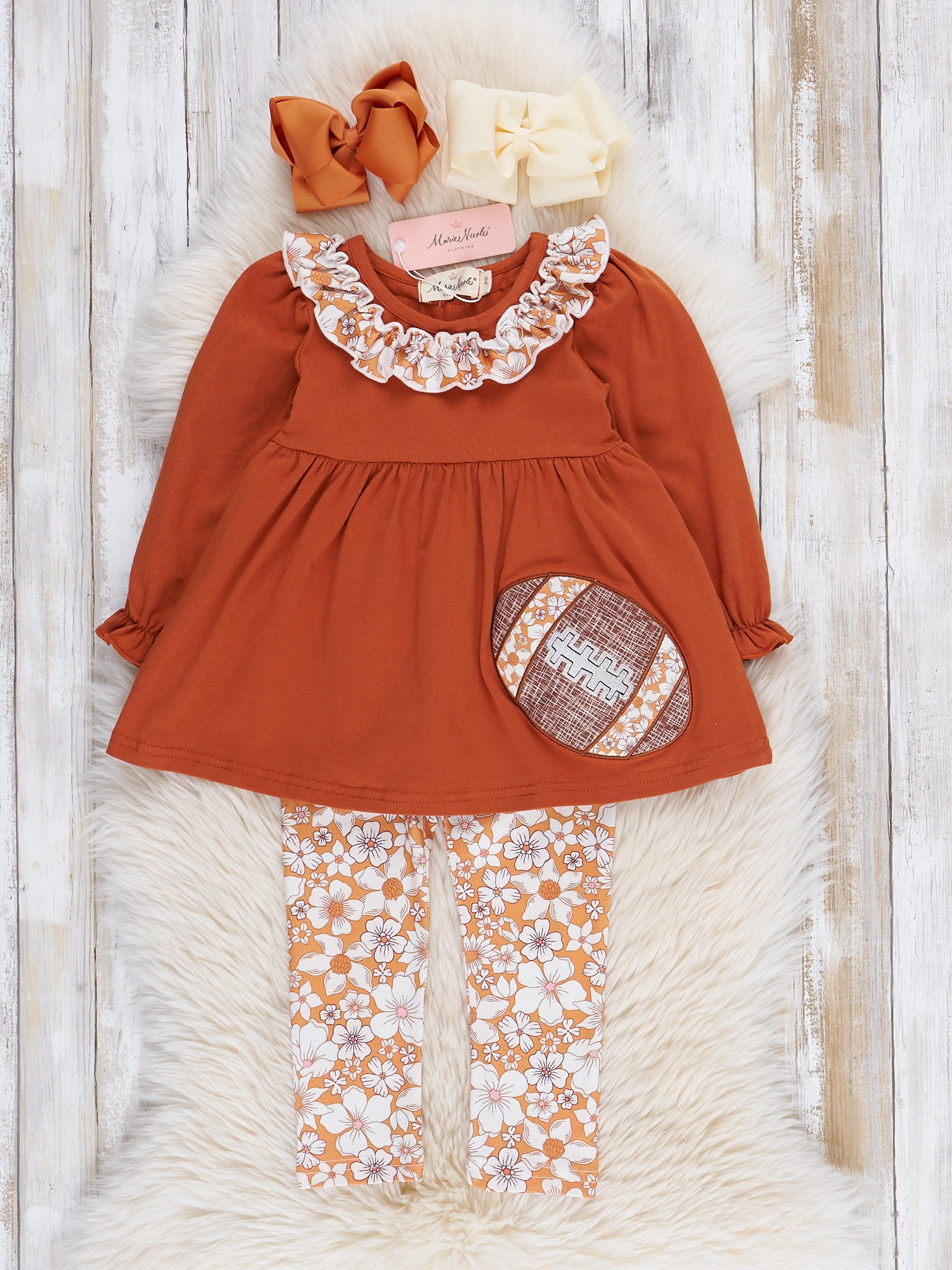 Bronze Floral Embroidered Football Ruffle Outfit - Marie Nicole Clothing