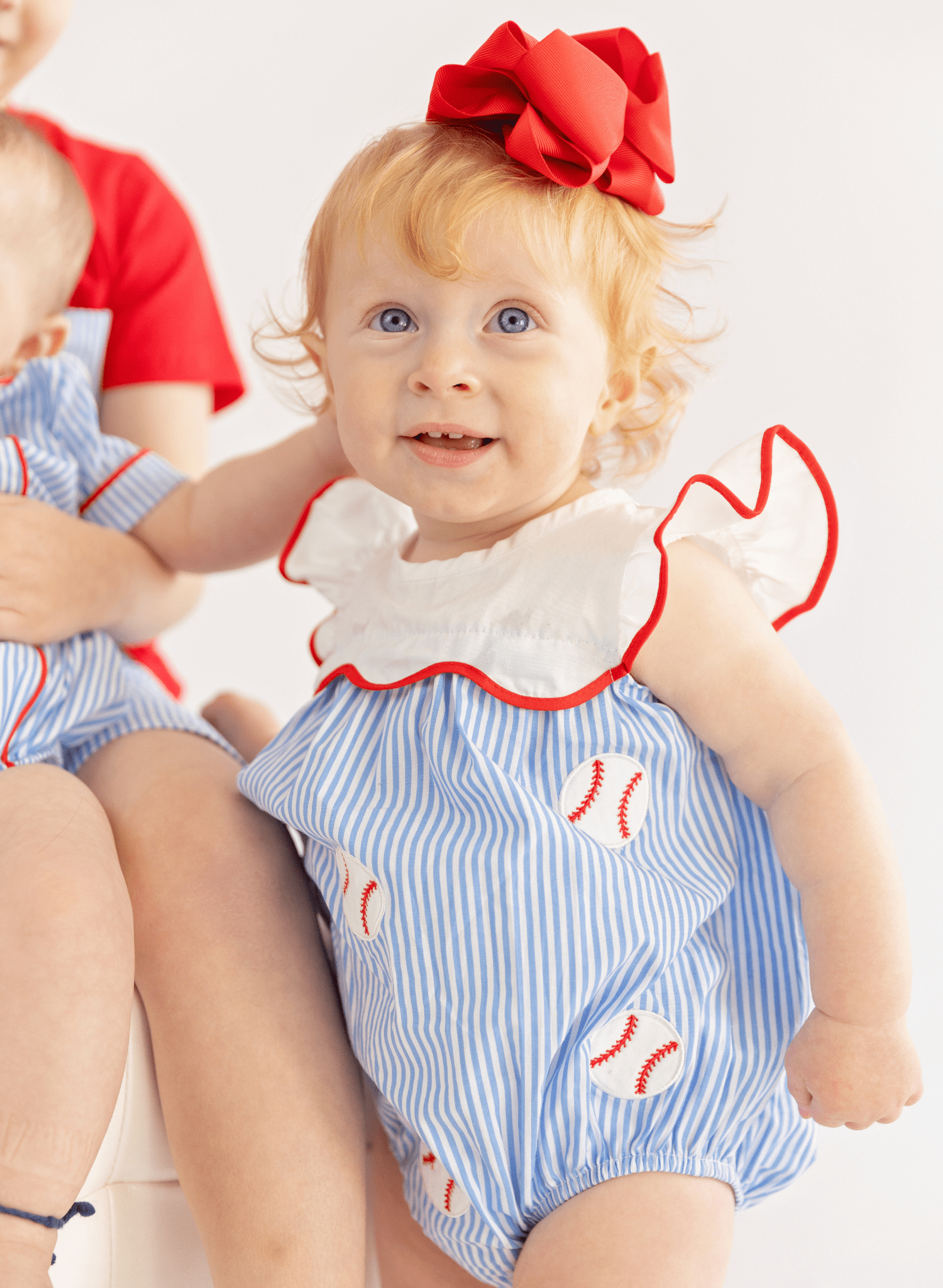 Dugout Ball Striped Embroidered 100% Cotton Ruffle Bubble Romper - Marie Nicole Clothing