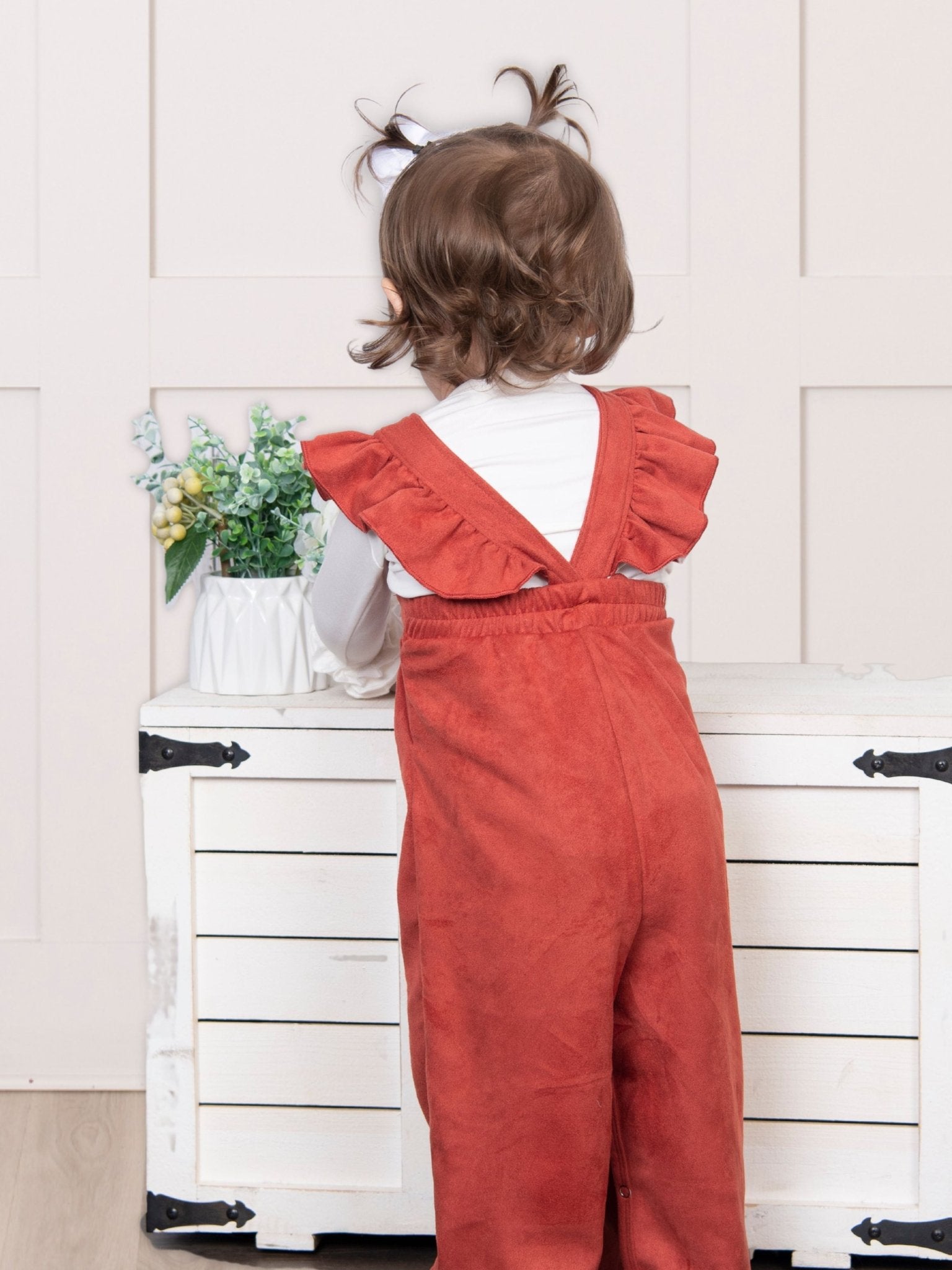 Suede Ruffle Cross Back Button Romper - Multiple Colors - Marie Nicole Clothing