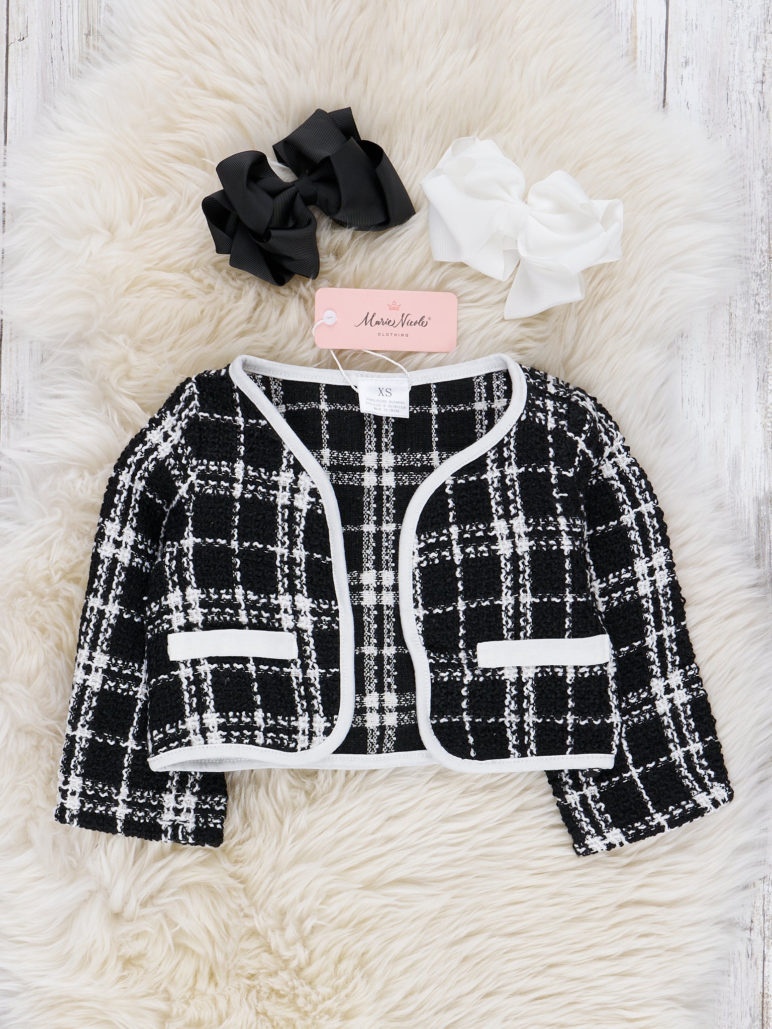 White & Black Plaid Dress W/ Cardigan Set - Marie Nicole Clothing