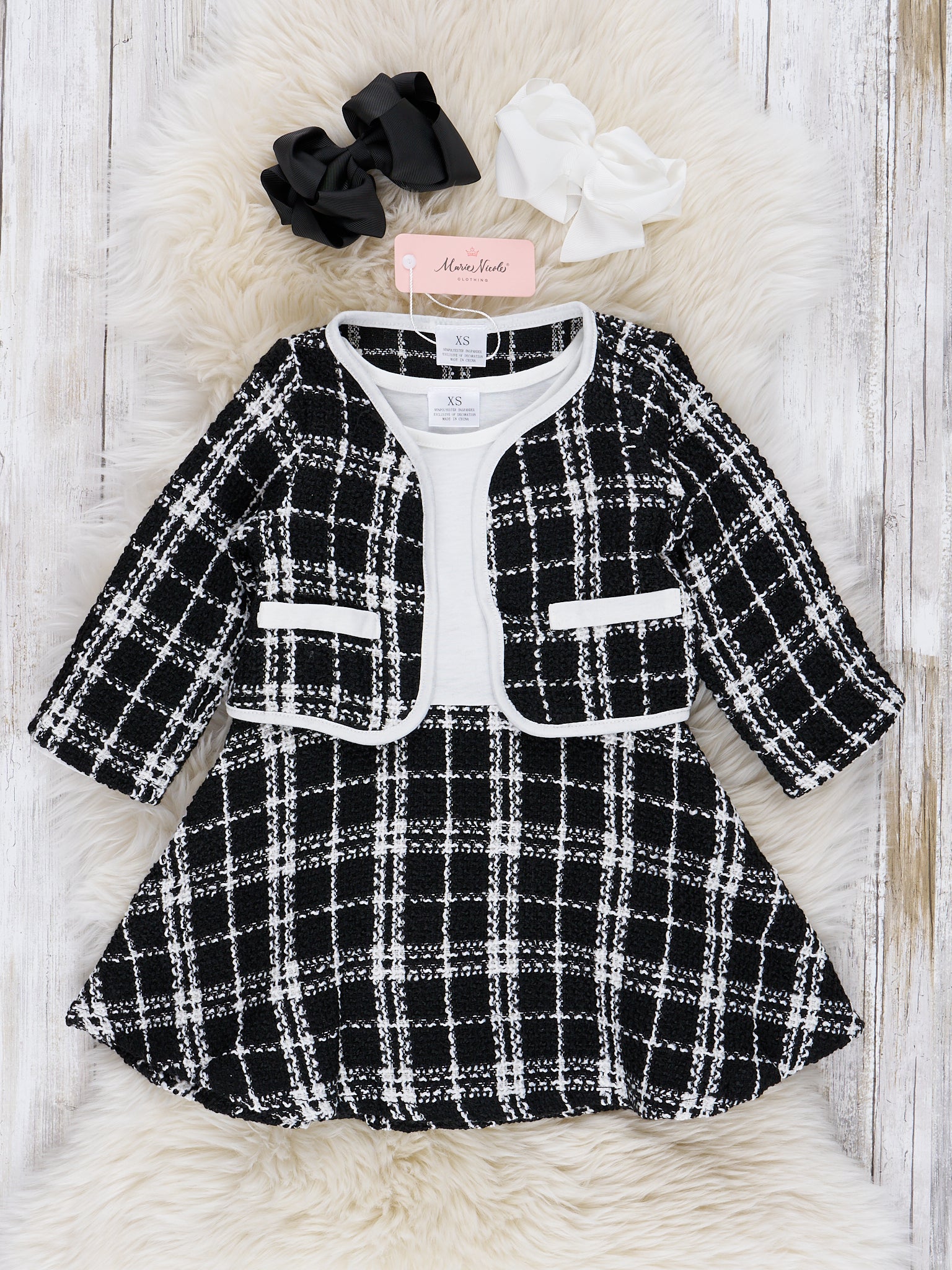 White & Black Plaid Dress W/ Cardigan Set - Marie Nicole Clothing