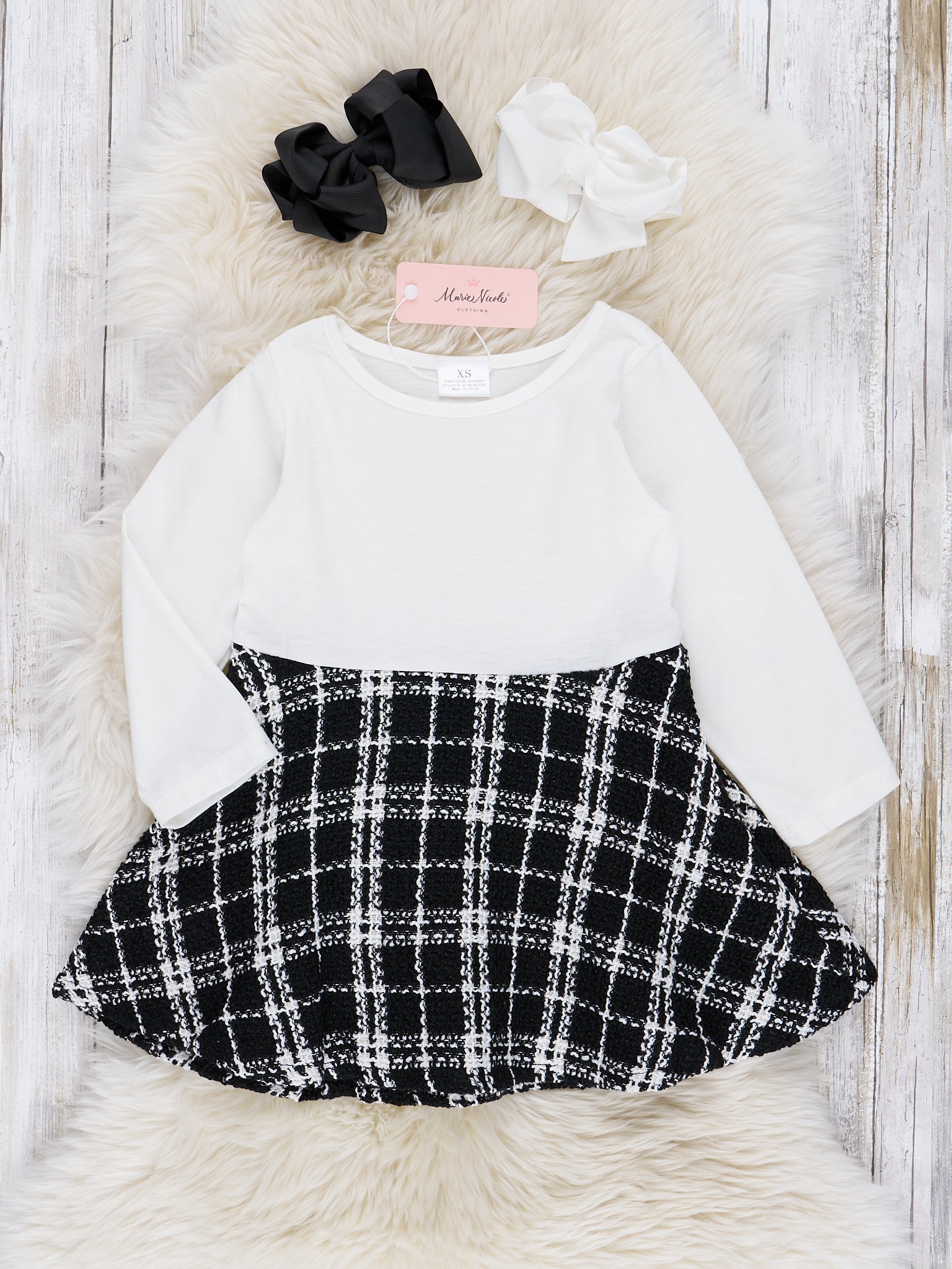 White & Black Plaid Dress W/ Cardigan Set - Marie Nicole Clothing