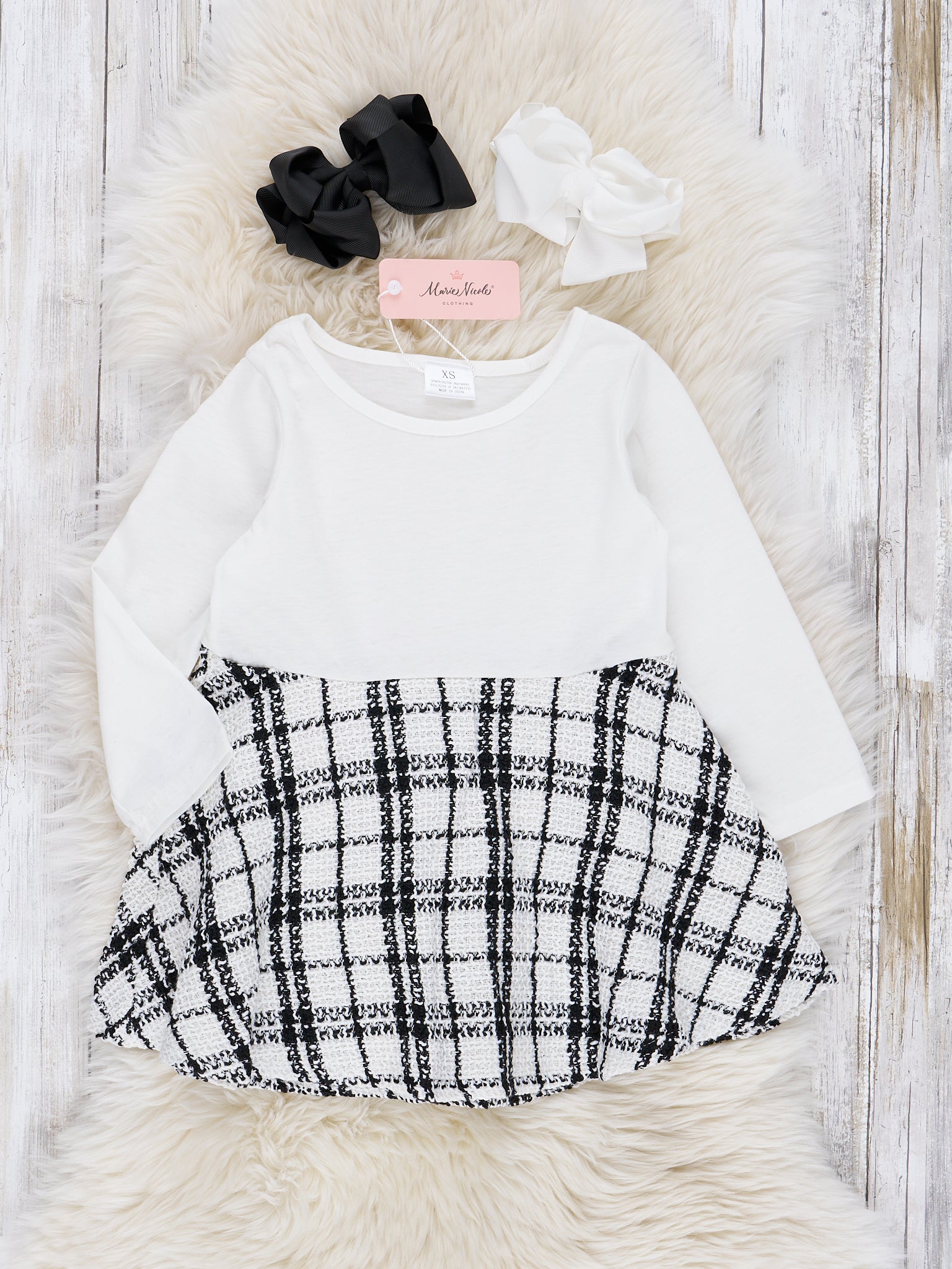 Black & White Plaid Dress W/ Cardigan Set - Marie Nicole Clothing