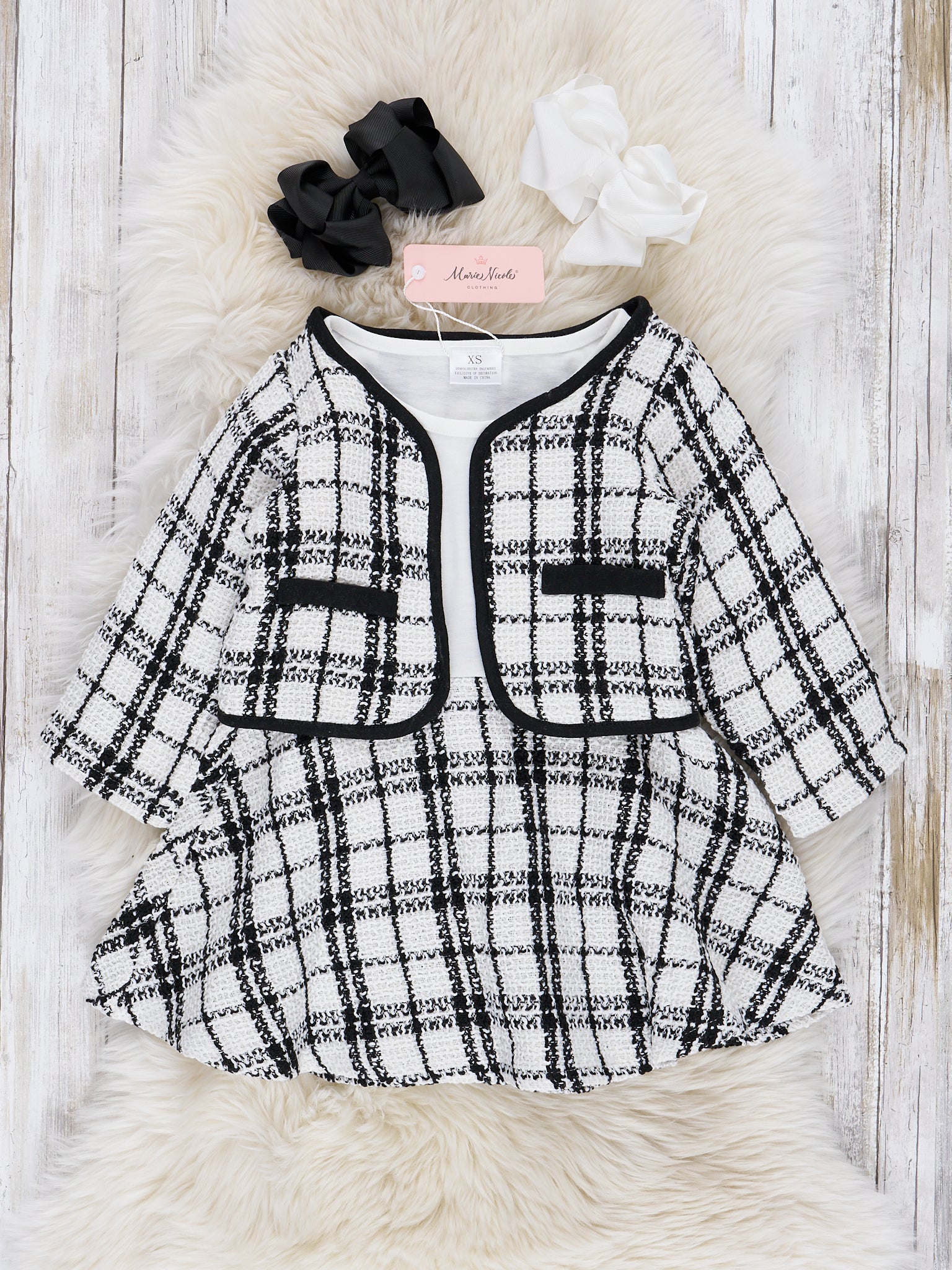 Black & White Plaid Dress W/ Cardigan Set - Marie Nicole Clothing