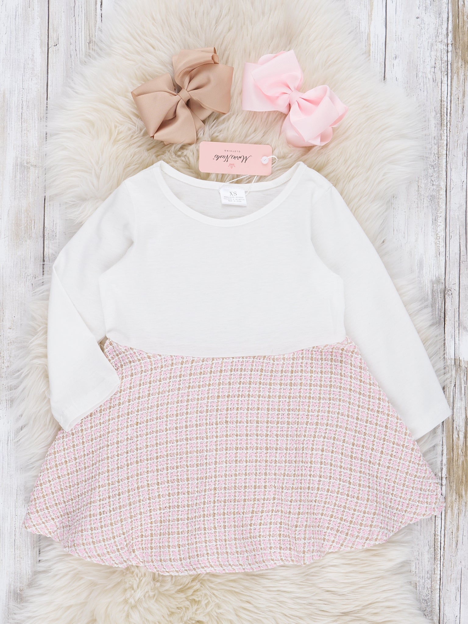 Light Pink Checked Dress W/ Cardigan Set - Marie Nicole Clothing