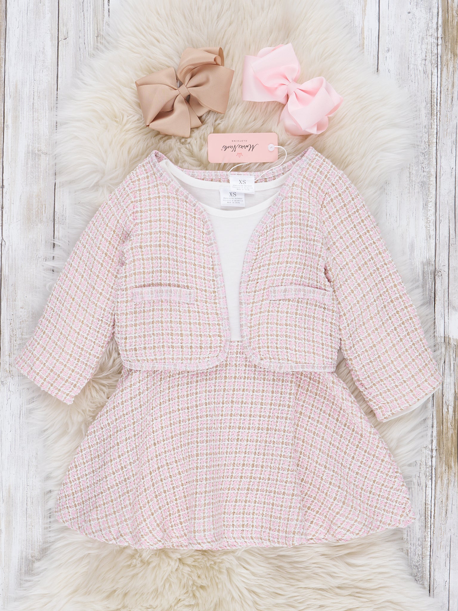 Light Pink Checked Dress W/ Cardigan Set - Marie Nicole Clothing