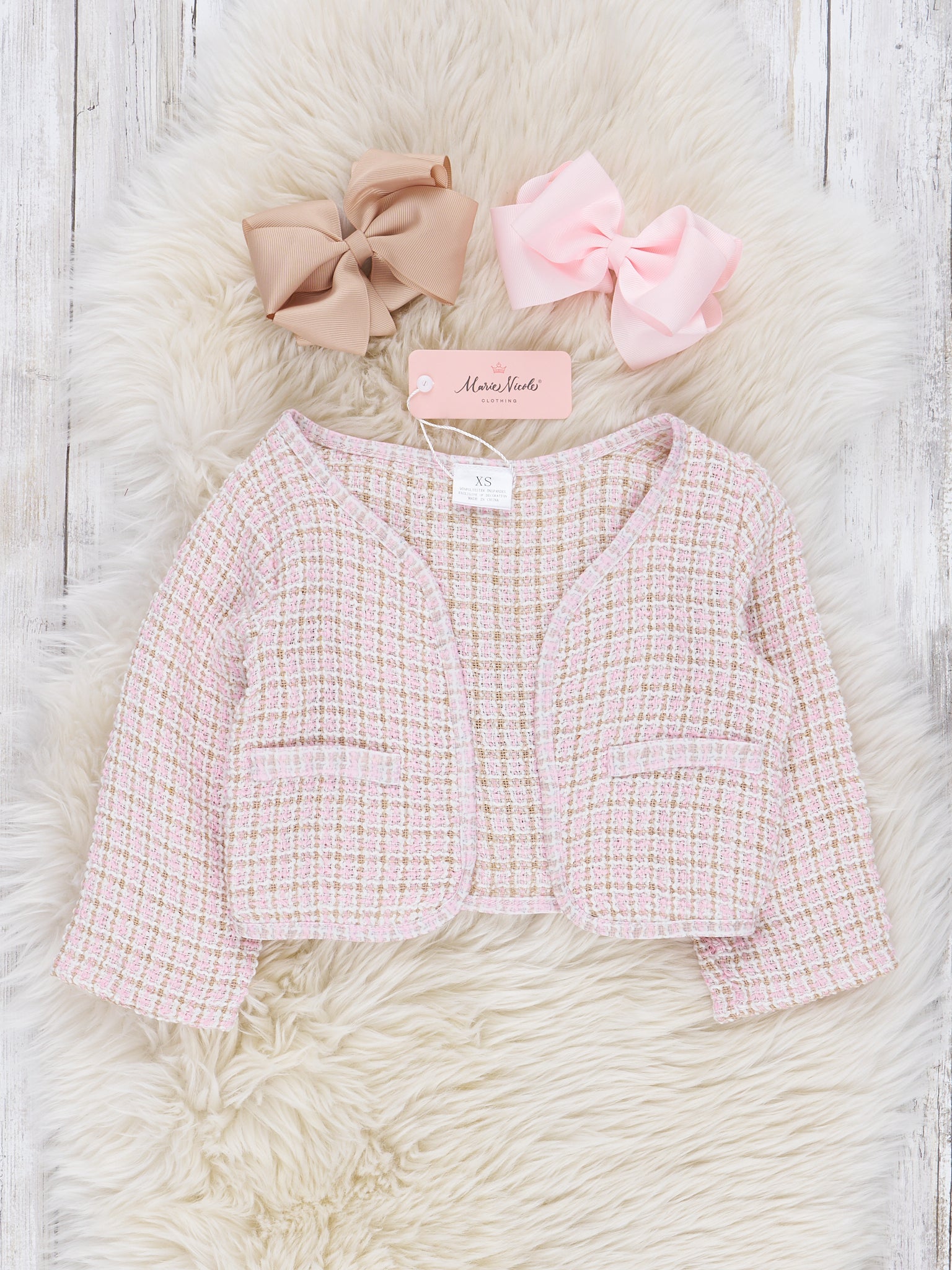 Light Pink Checked Dress W/ Cardigan Set - Marie Nicole Clothing