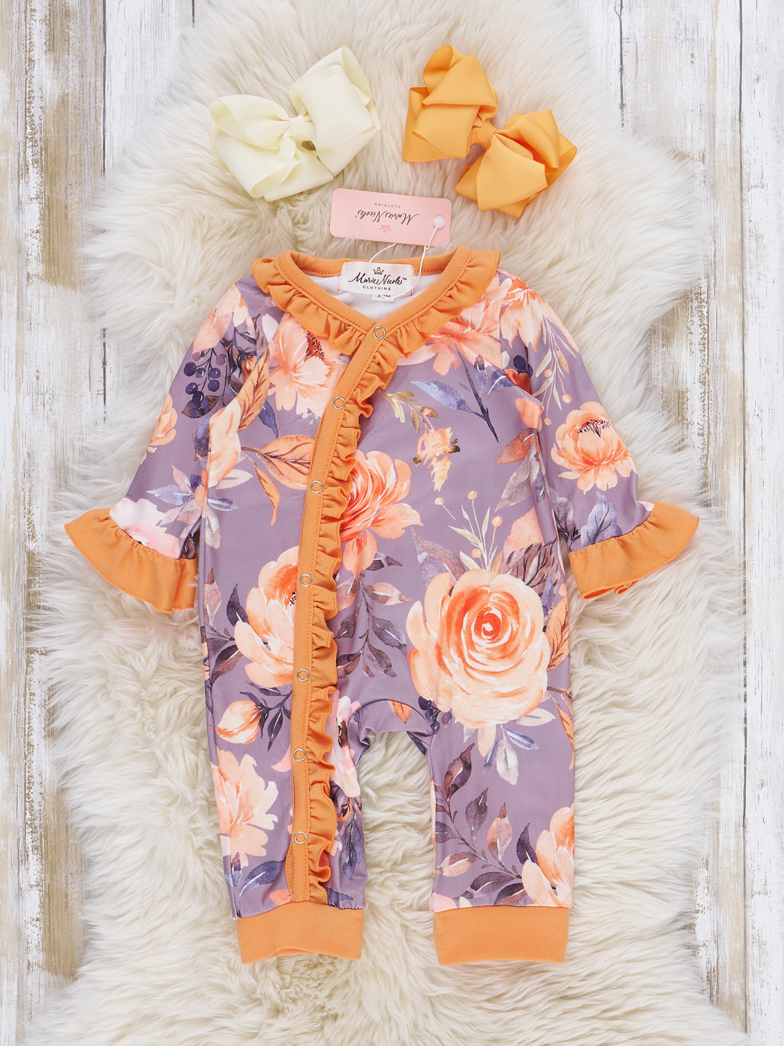 Orange Watercolor Rose Ruffle Romper - Marie Nicole Clothing