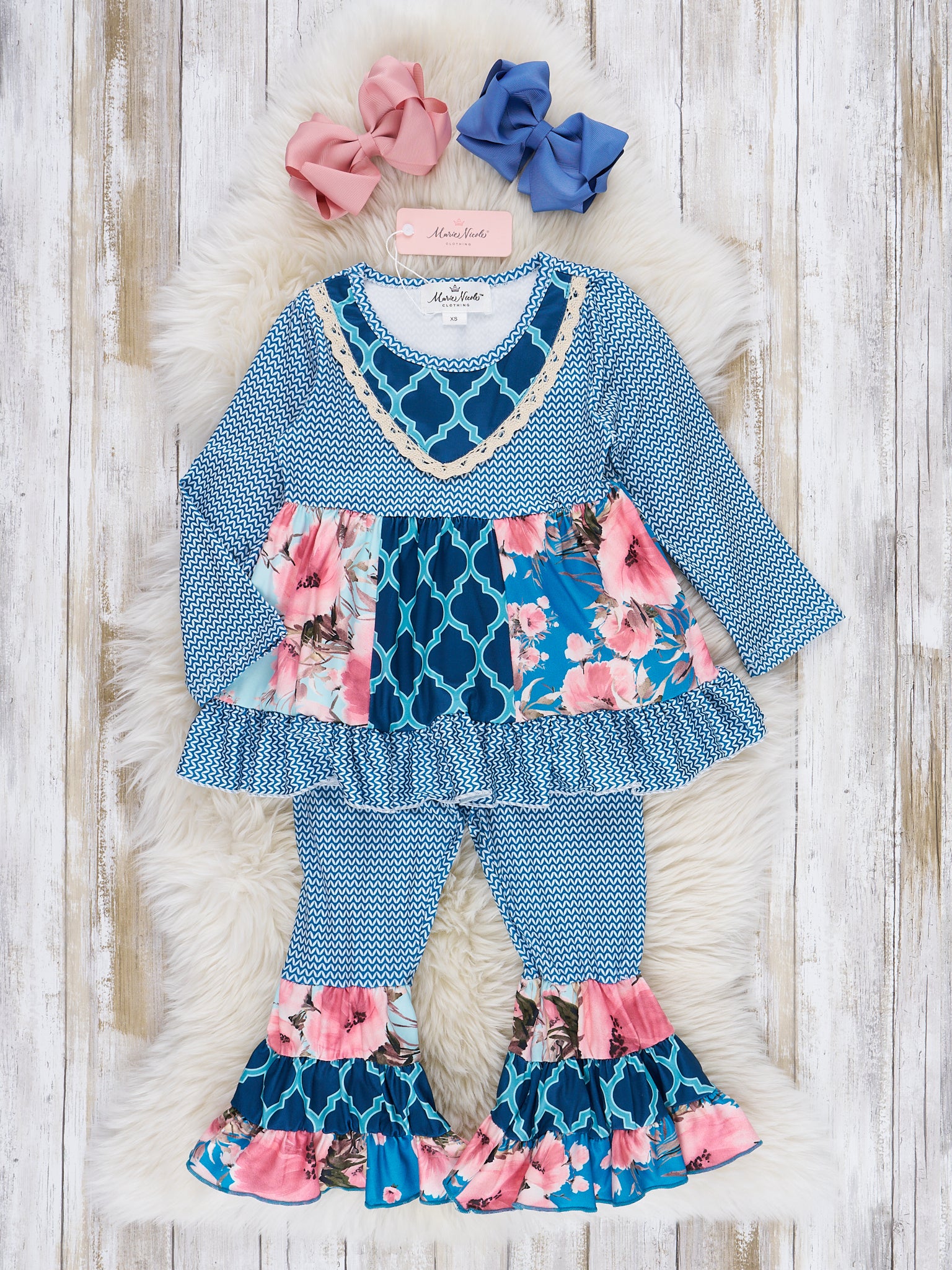 Blue Floral Ruffle Top & Moroccan Bell Bottoms Outfit - Marie Nicole Clothing