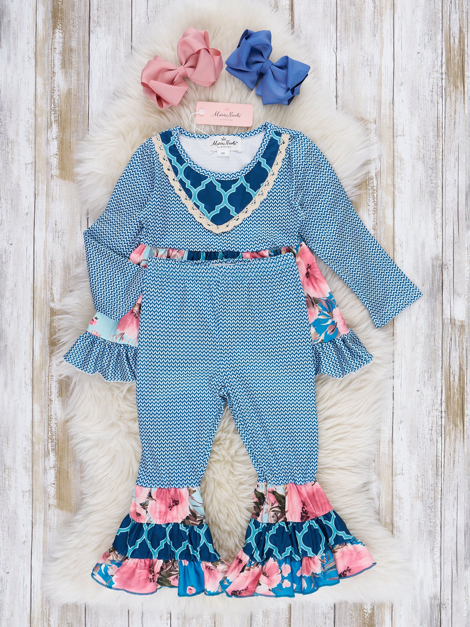 Blue Floral Ruffle Top & Moroccan Bell Bottoms Outfit - Marie Nicole Clothing