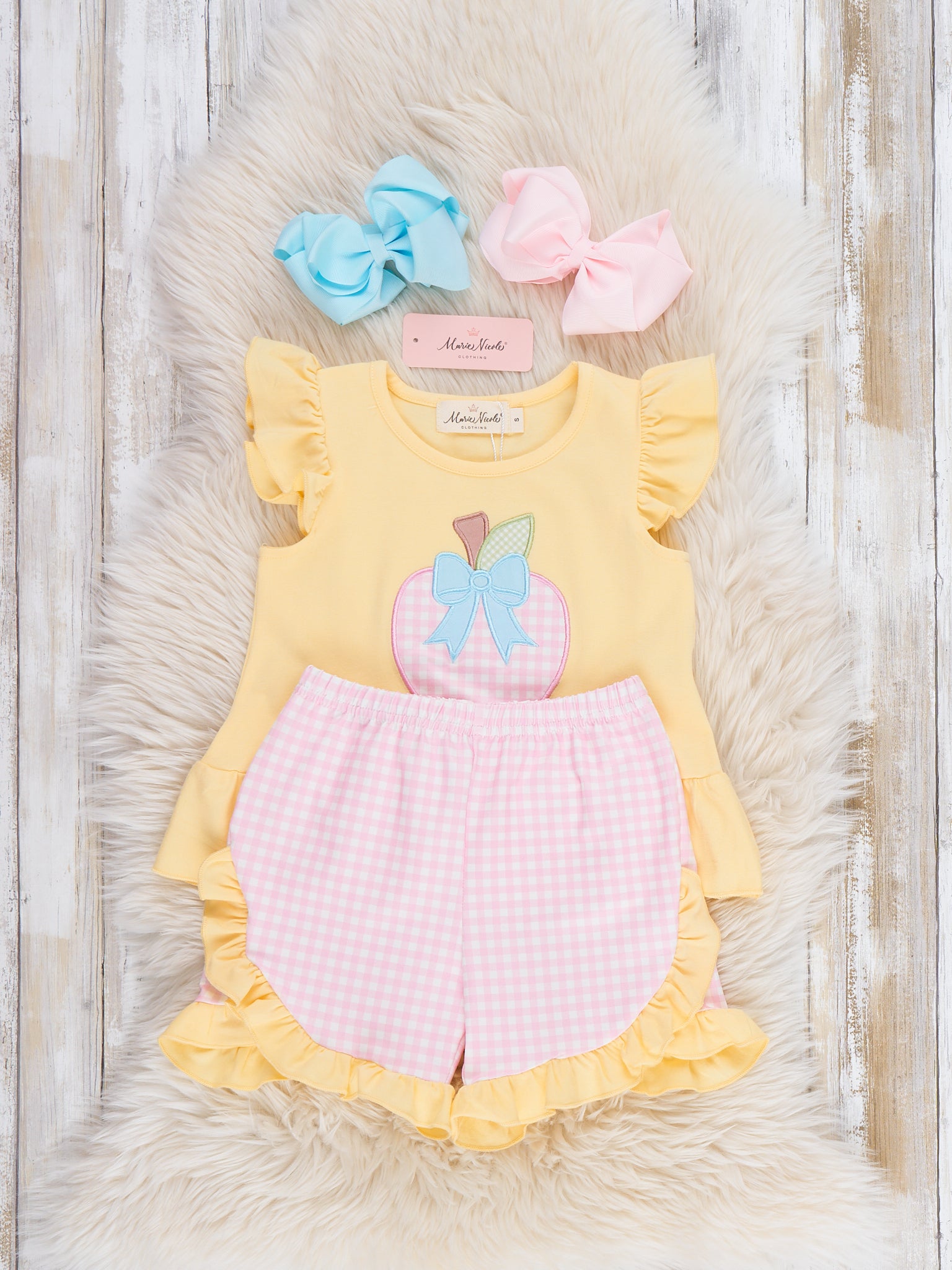 Apple Bow Gingham Embroidered Ruffle Outfit - Marie Nicole Clothing