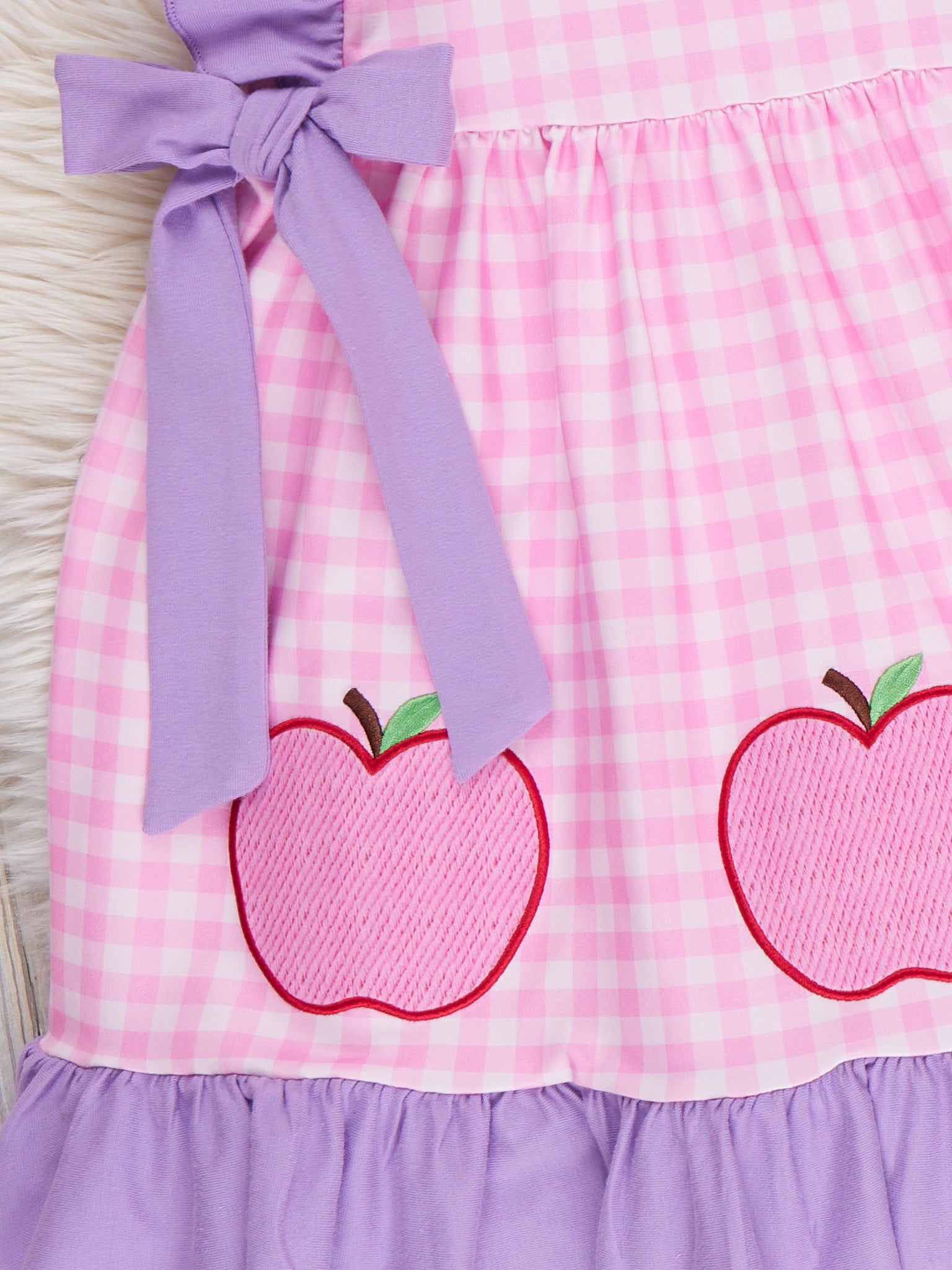 Apple Patch Gingham Embroidered Ruffle Dress - Marie Nicole Clothing