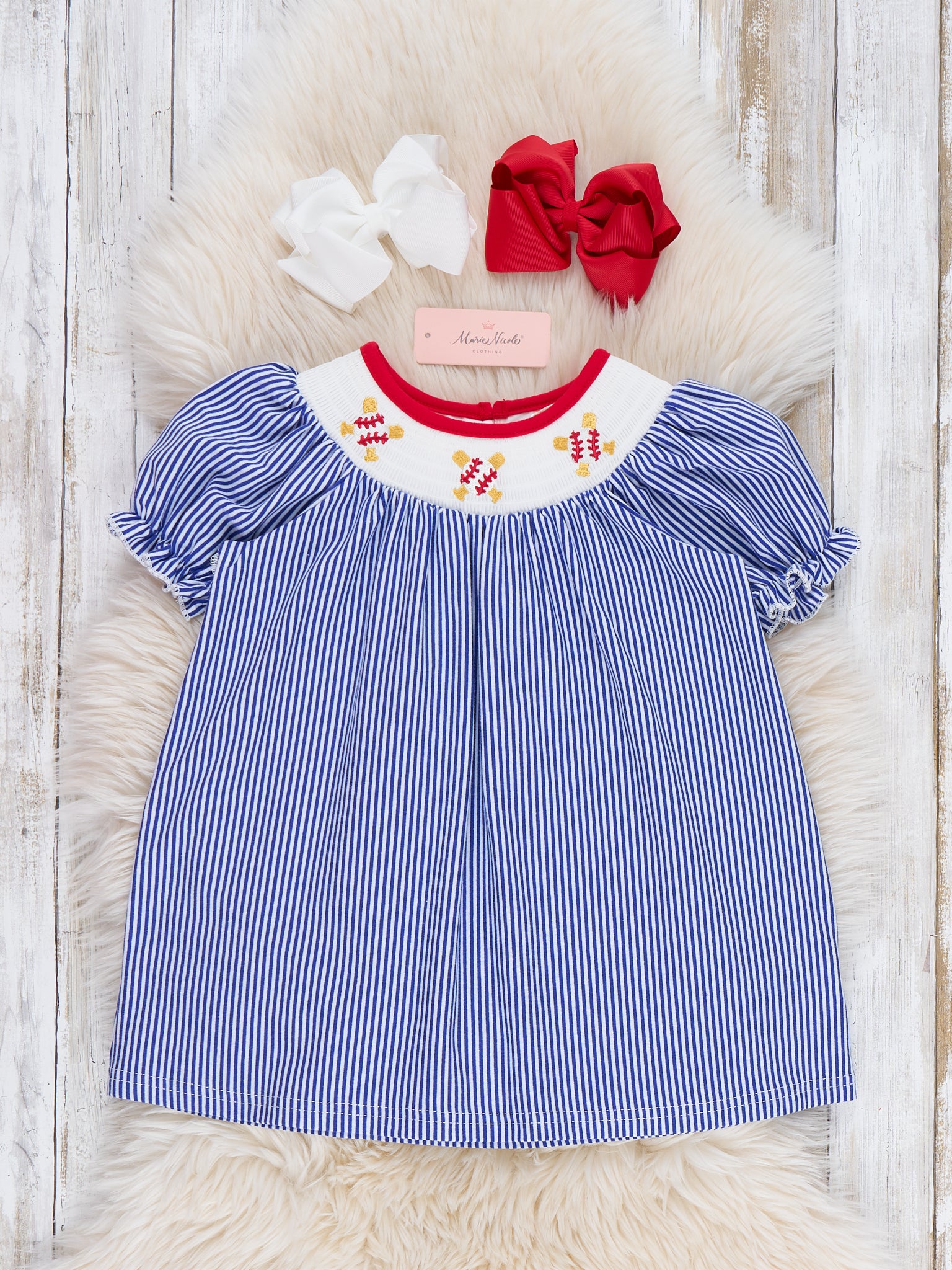 Baseball Charm Smocked Cotton Ruffle Dress - Marie Nicole Clothing