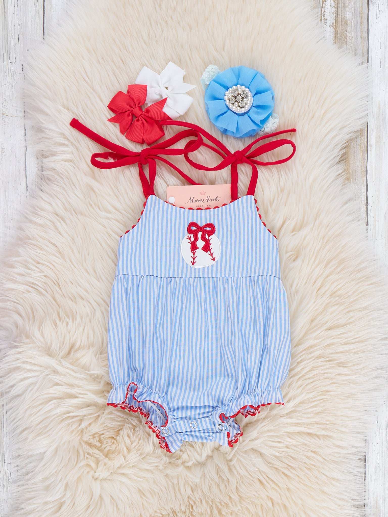 Baseball Dream Bow Embroidered 100% Cotton Bubble Romper - Marie Nicole Clothing