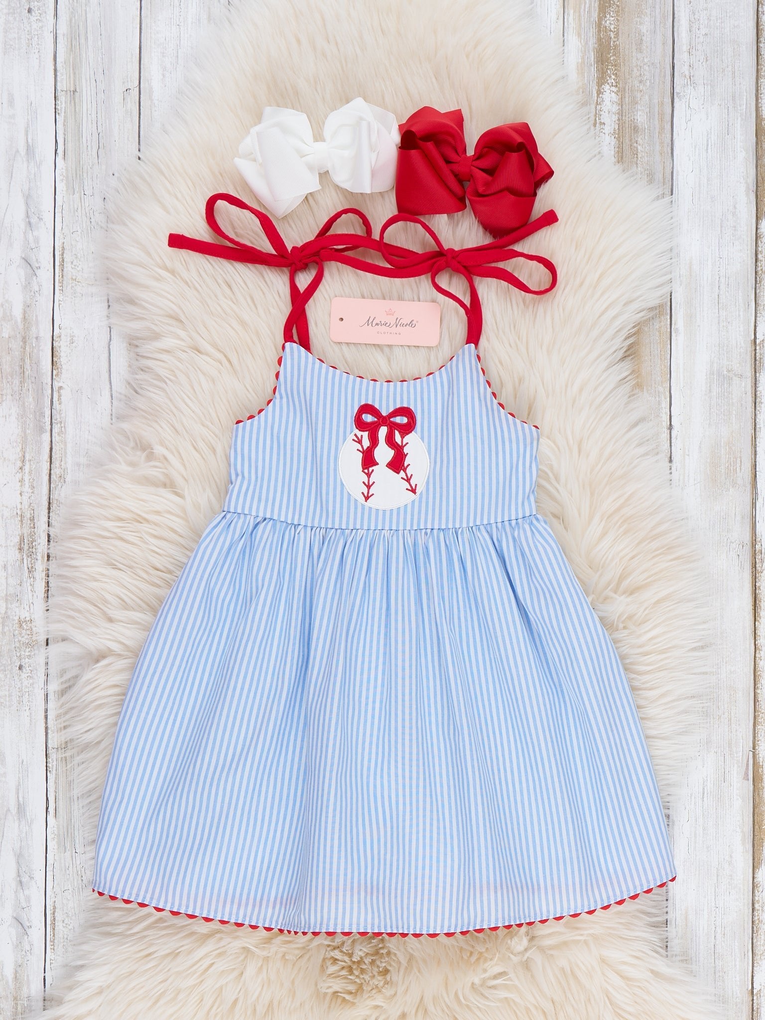 Baseball Dream Bow Embroidered 100% Cotton Ruffle Dress - Marie Nicole Clothing