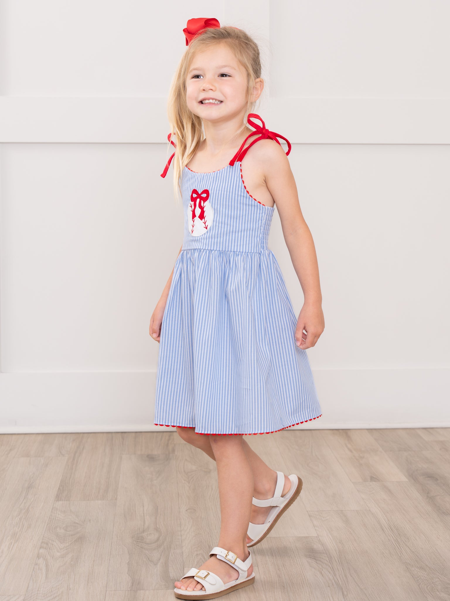 Baseball Dream Bow Embroidered 100% Cotton Ruffle Dress - Marie Nicole Clothing