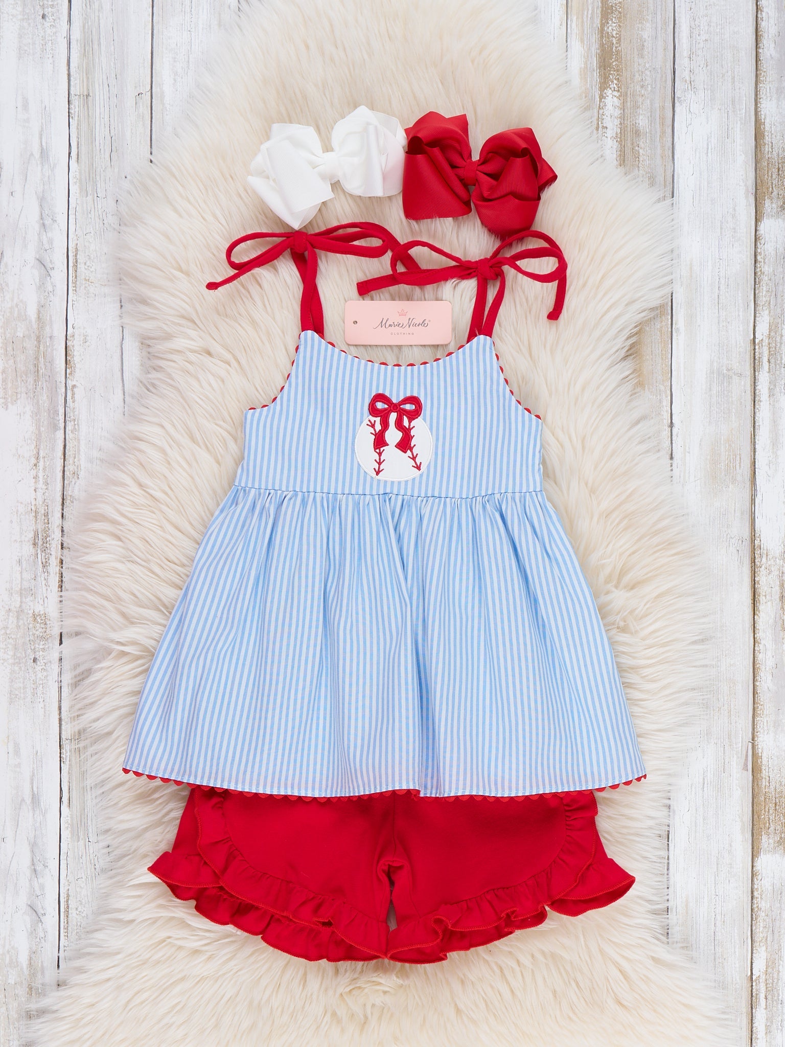 Baseball Dream Bow Embroidered Cotton Ruffle Outfit - Marie Nicole Clothing